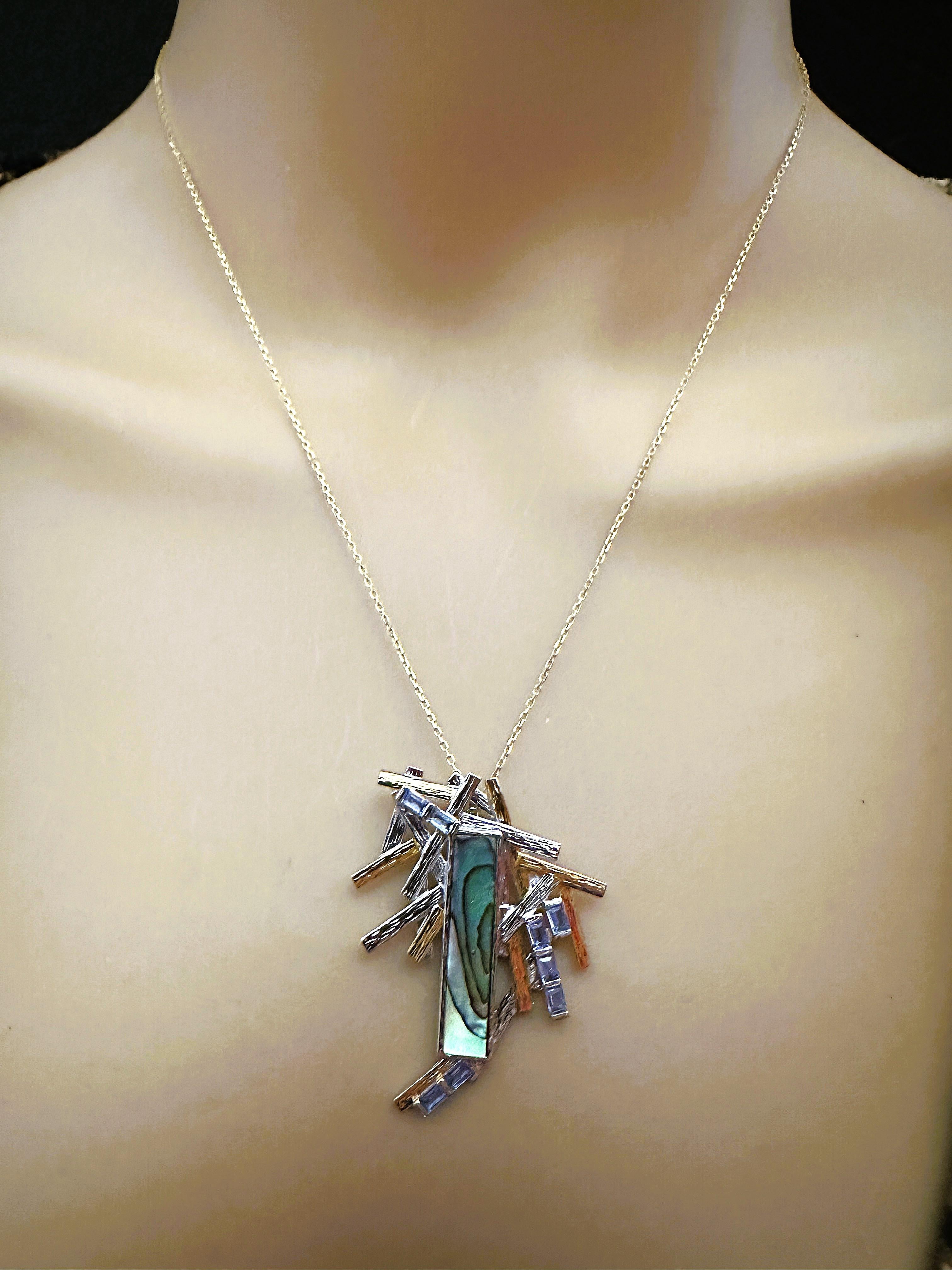 Ce pendentif est tout simplement magnifique !  C'est tellement inhabituel.  Il s'agit d'un collier unique en son genre.  La pierre centrale est une magnifique coquille d'haliotide naturelle, accompagnée de 8 baguettes de topaze bleue.  Ils sont