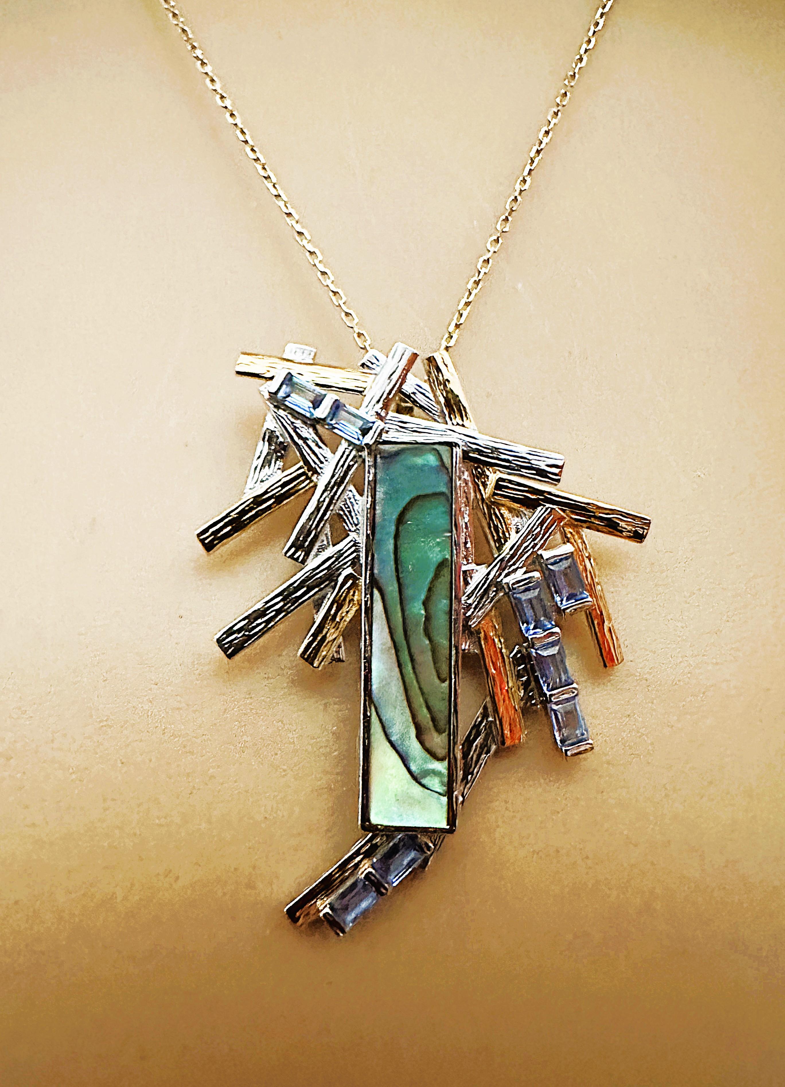 Art déco New Handmade Natural Carved Abalone & Blue Topaz 2-Tone Sterling Pendant Necklac en vente