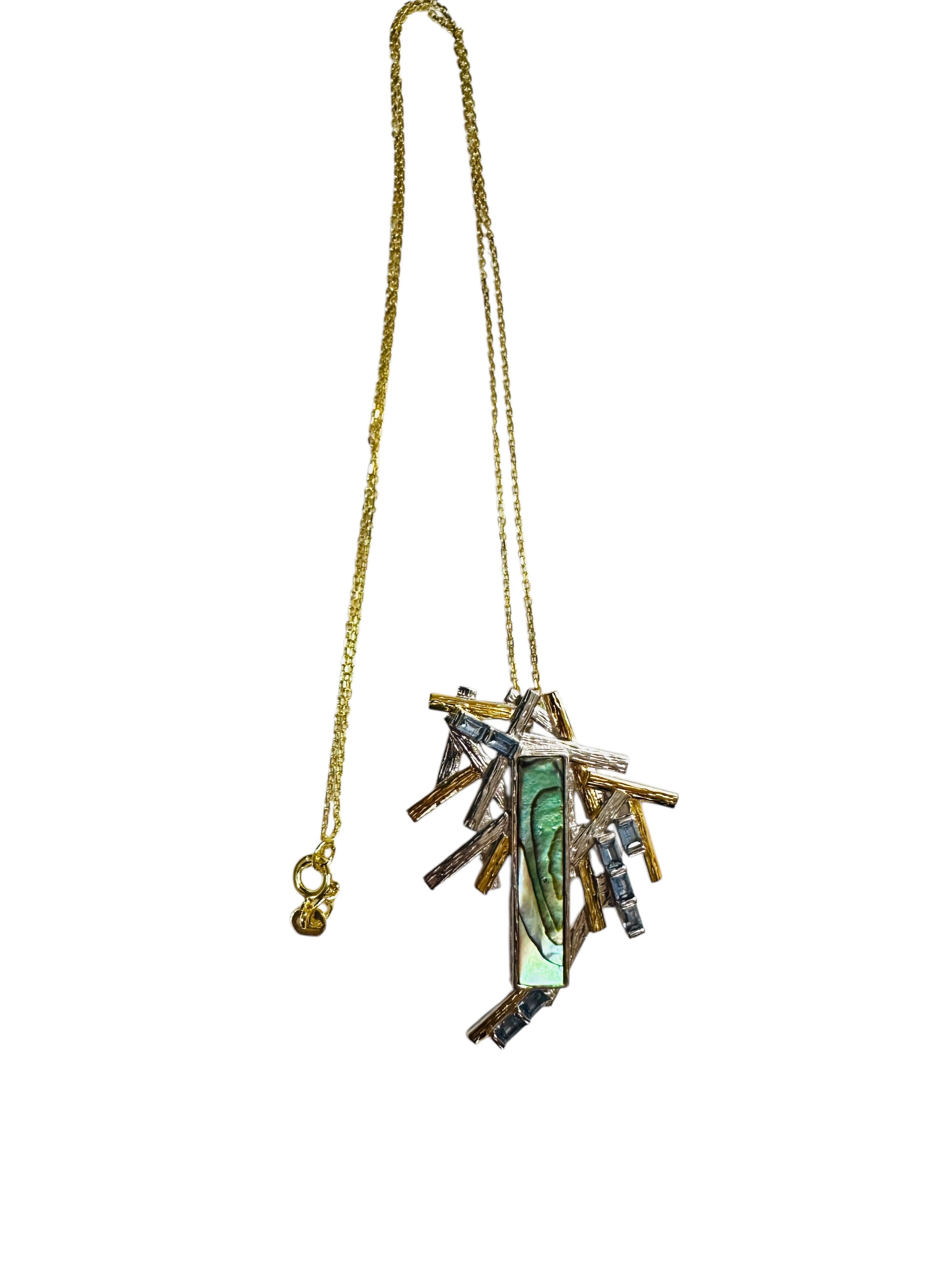 New Handmade Natural Carved Abalone & Blue Topaz 2-Tone Sterling Pendant Necklac Neuf - En vente à Eagan, MN