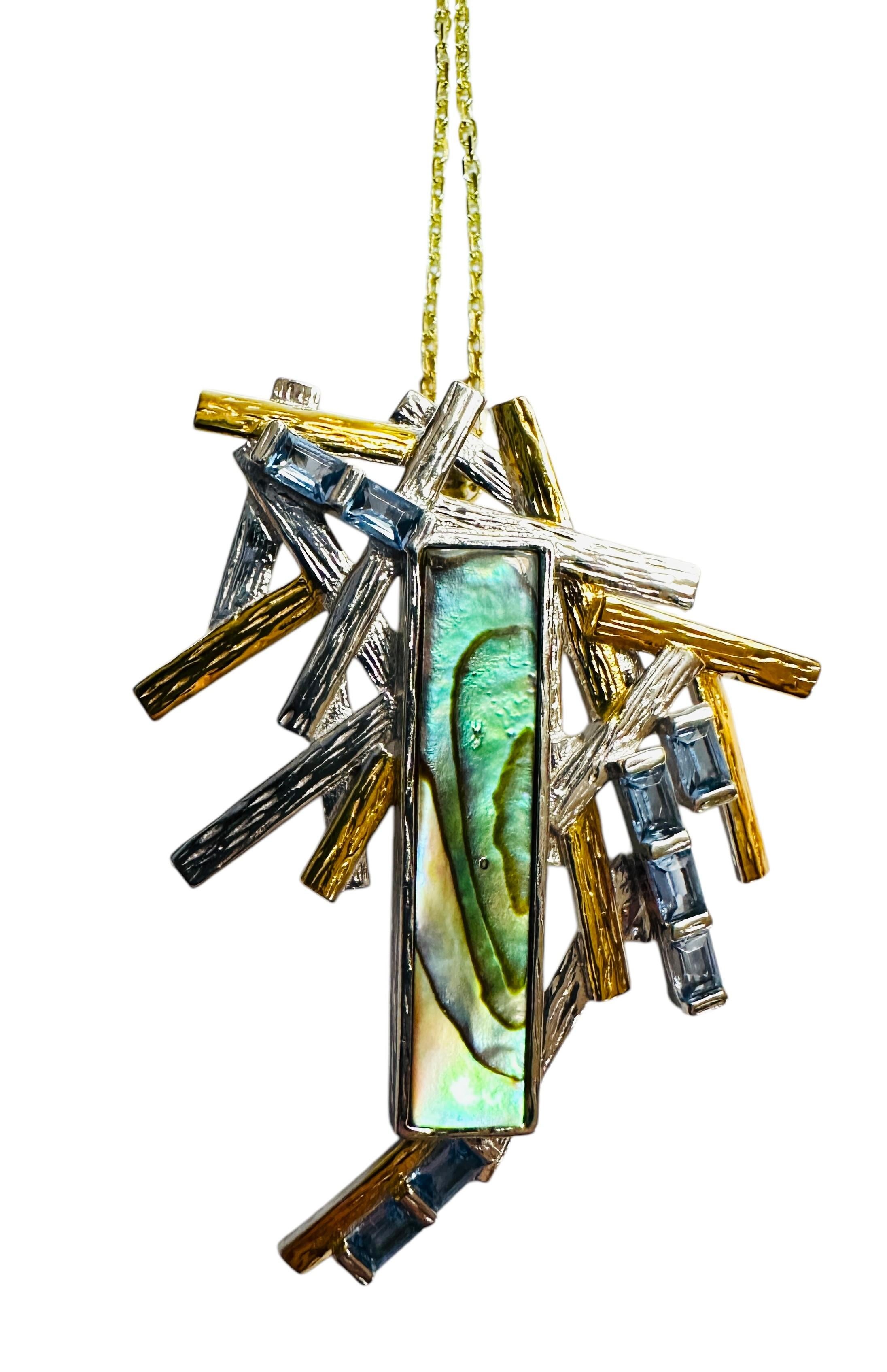 New Handmade Natural Carved Abalone & Blue Topaz 2-Tone Sterling Pendant Necklac Pour femmes en vente