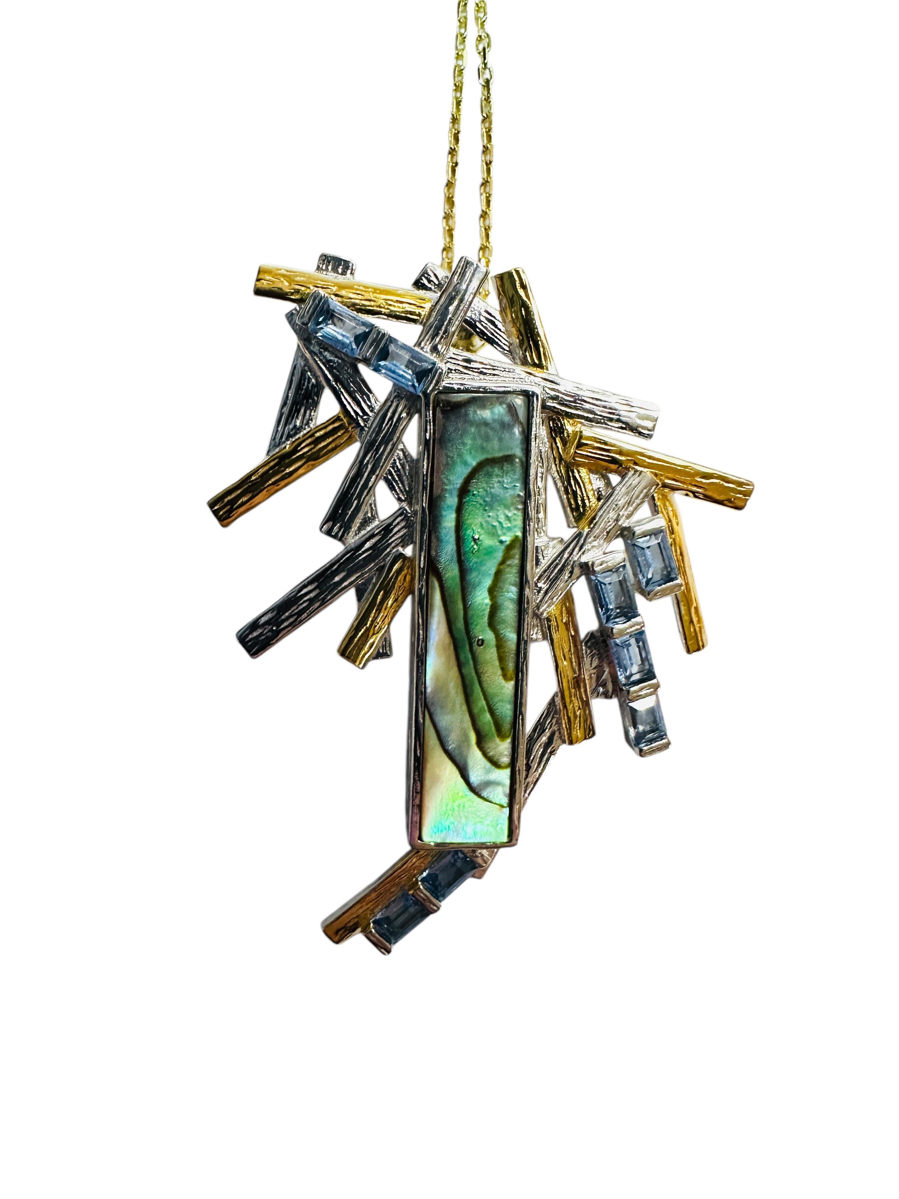 New Handmade Natural Carved Abalone & Blue Topaz 2-Tone Sterling Pendant Necklac en vente 1