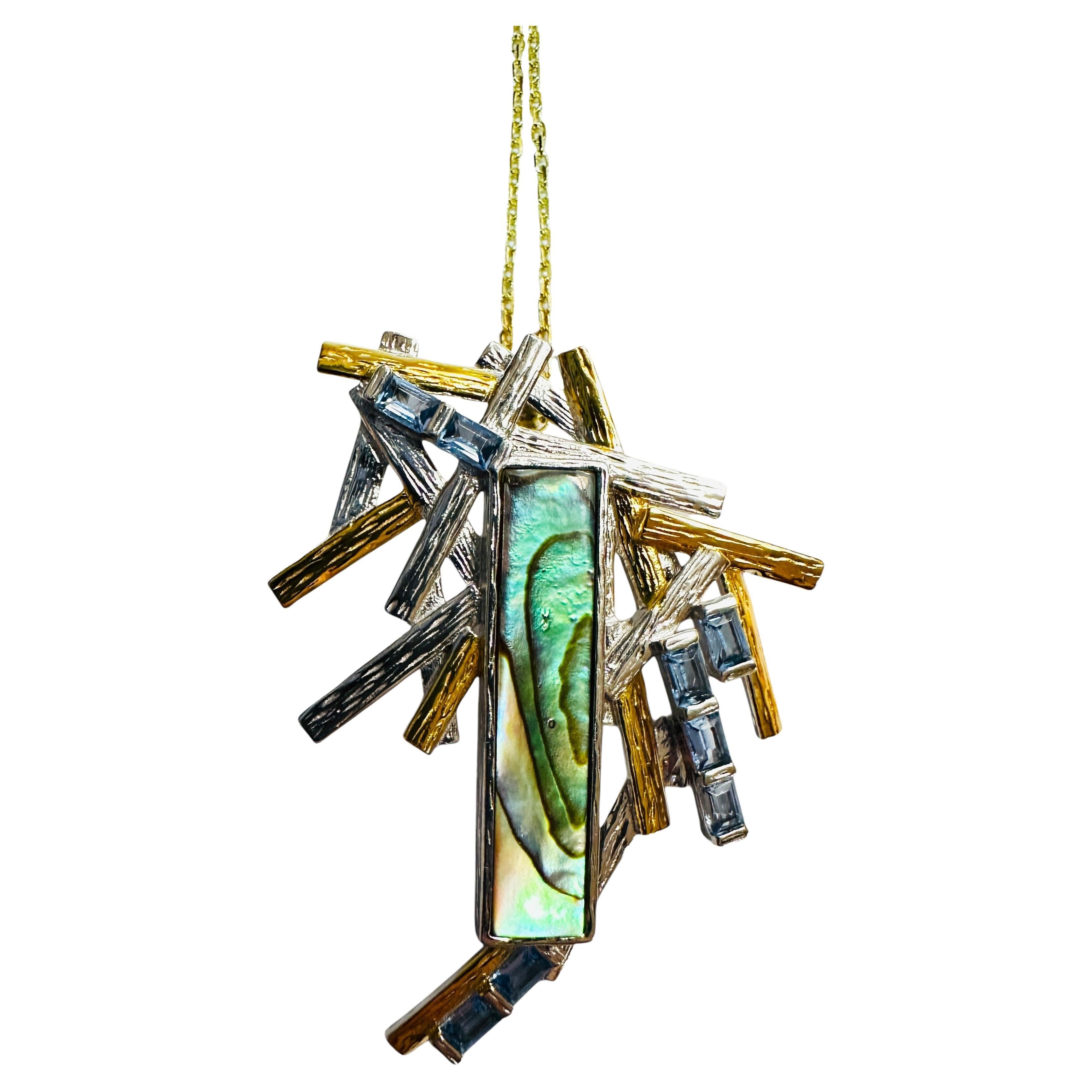 New Handmade Natural Carved Abalone & Blue Topaz 2-Tone Sterling Pendant Necklac en vente