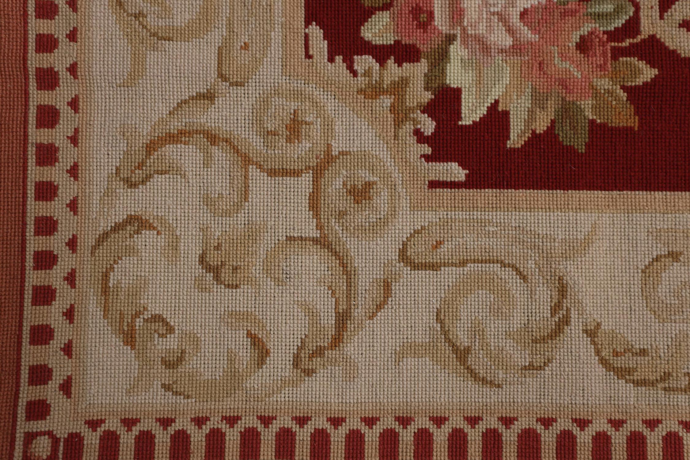Country Floral Carpet English Style Needlepoint Rug Red Wool, Aubusson Style Living Room