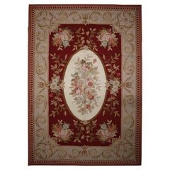 Floral Carpet English Style Needlepoint Rug Red Wool, Aubusson Style Living Room