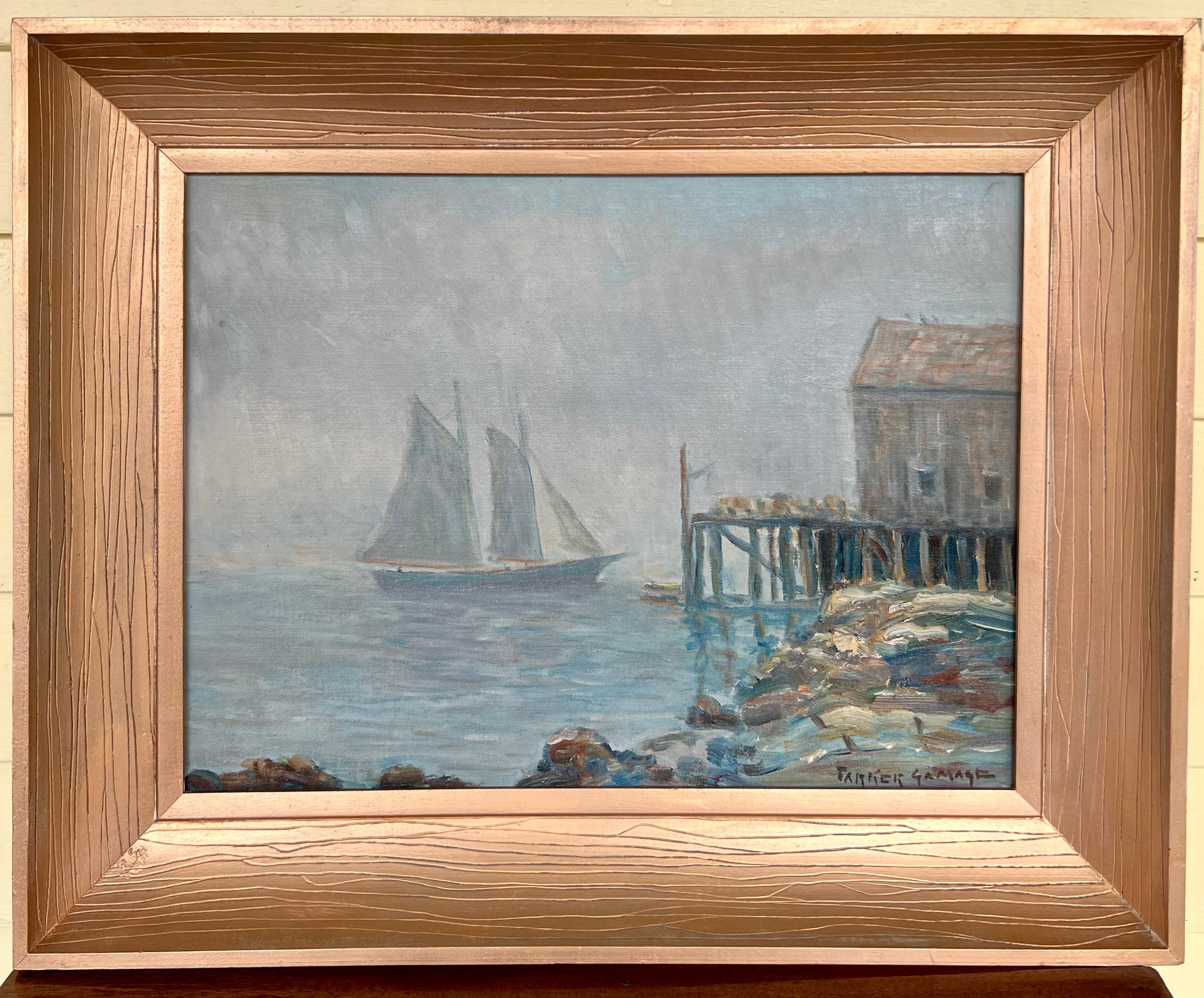Atmospheric mid-century painting of Mid-coast Maine. Oil on artist panel, signed in the lower right and. dated and inscribed on the reverse. 

Parker Gamage (1882-1960)
A New Harbor, Maine resident for most of his life, Gamage was a student of