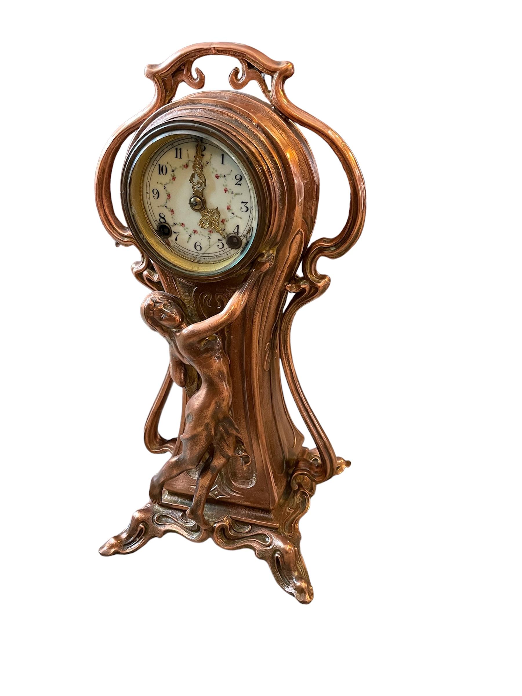 Bronze New Haven Clock Co. Art Nouveau Style Table Clock For Sale