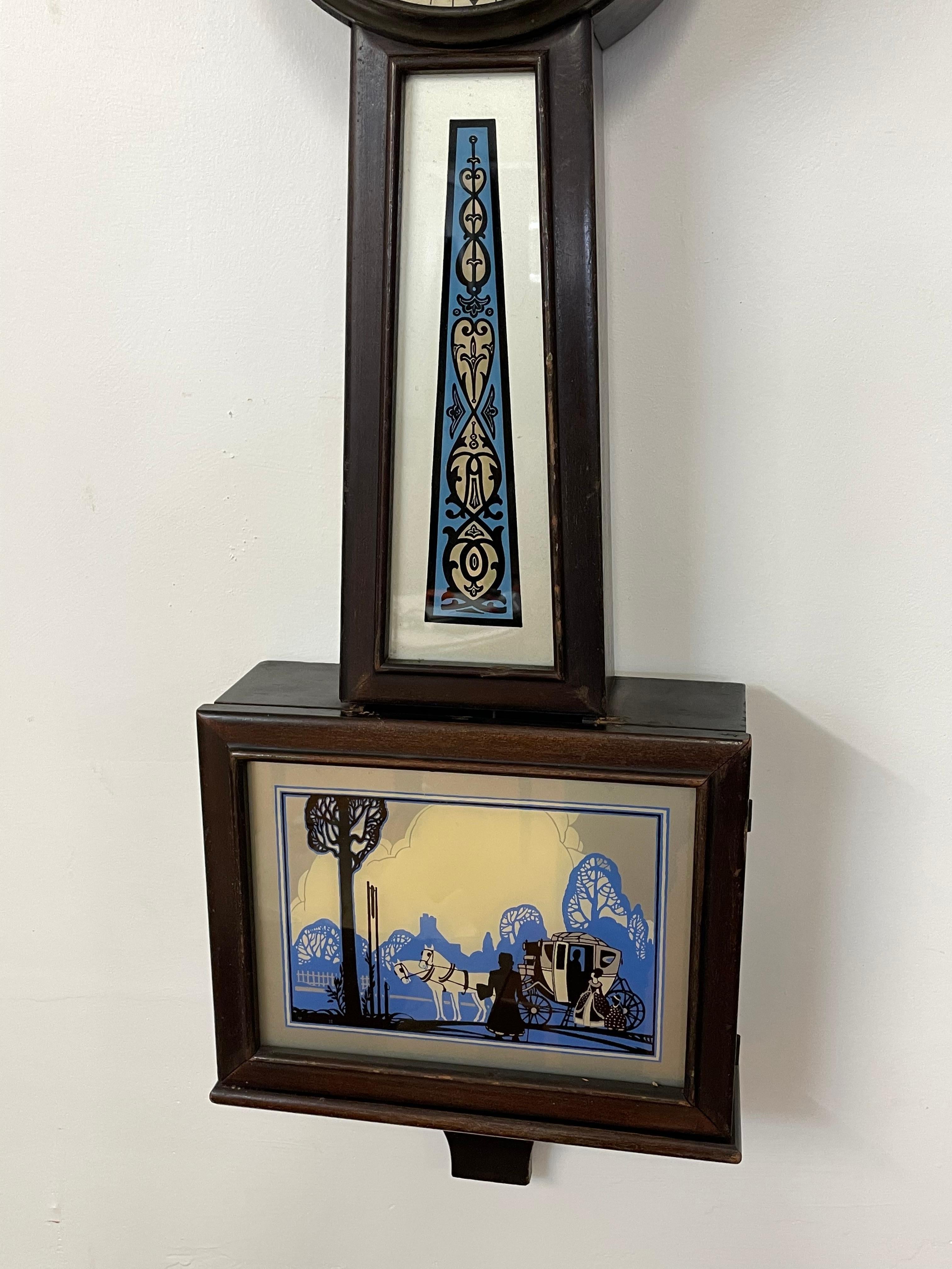 New Haven Clock Co Banjo Clock With Reverse Painted Glass and Mahogany Case In Good Condition For Sale In San Francisco, CA