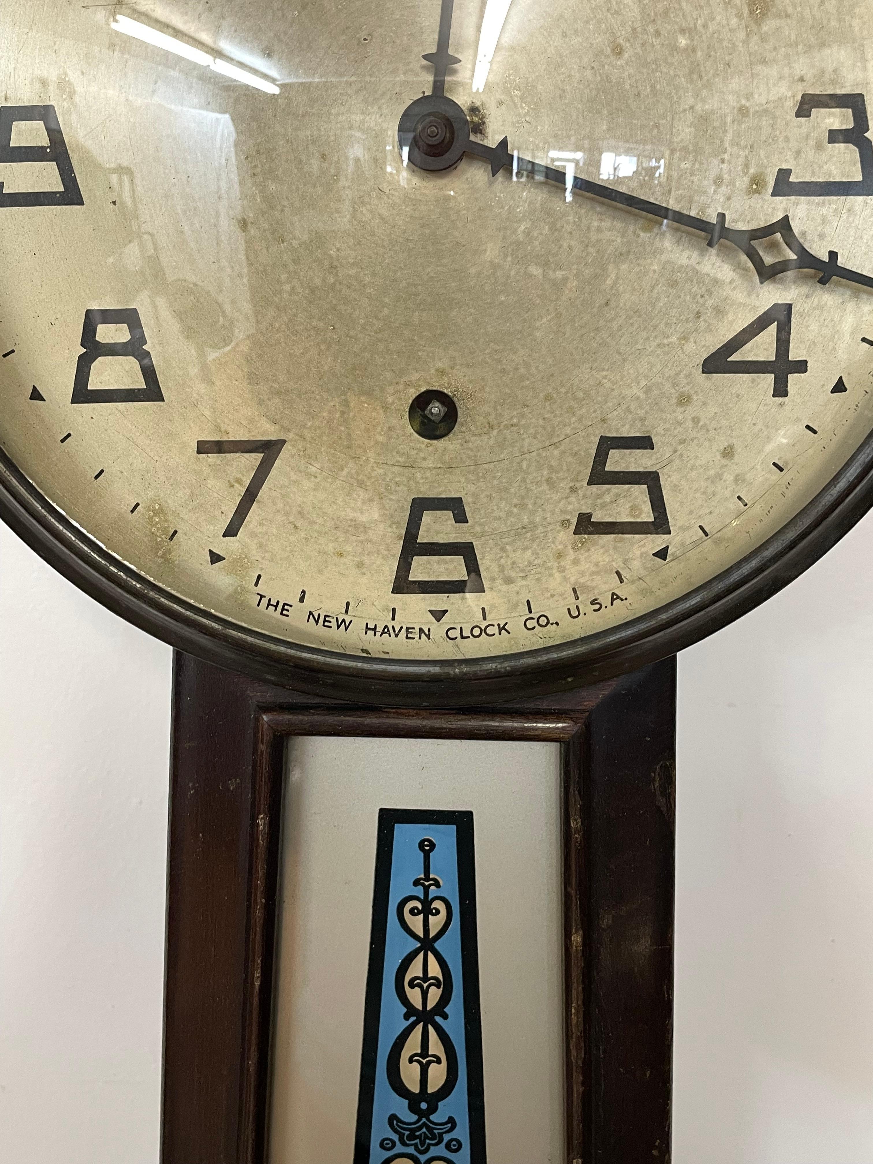 New Haven Clock Co Banjo Clock With Reverse Painted Glass and Mahogany Case For Sale 1