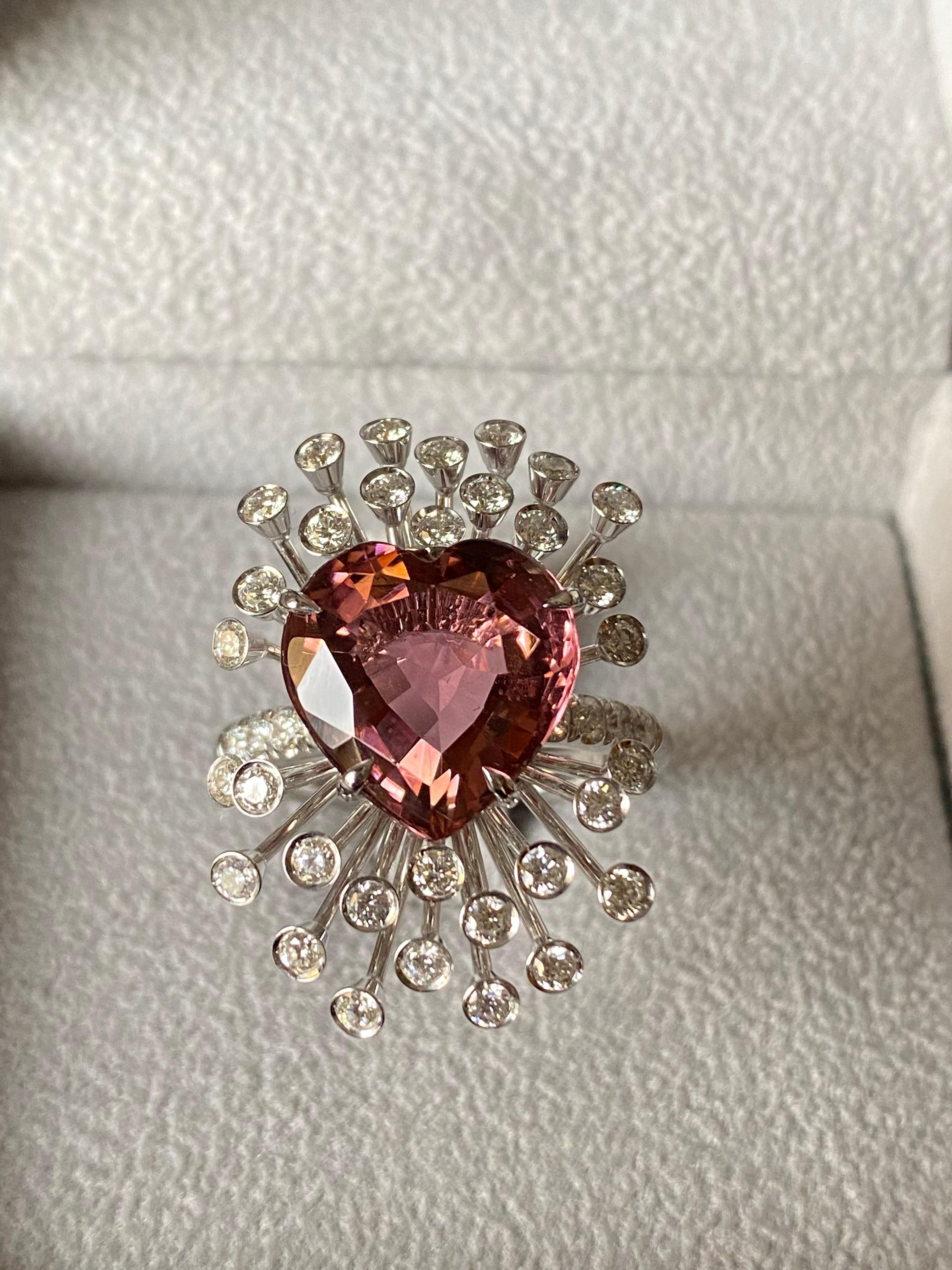 New Heart Cut Pink Tourmaline Diamonds 18k White Gold Made in Italy Spray Ring For Sale 5