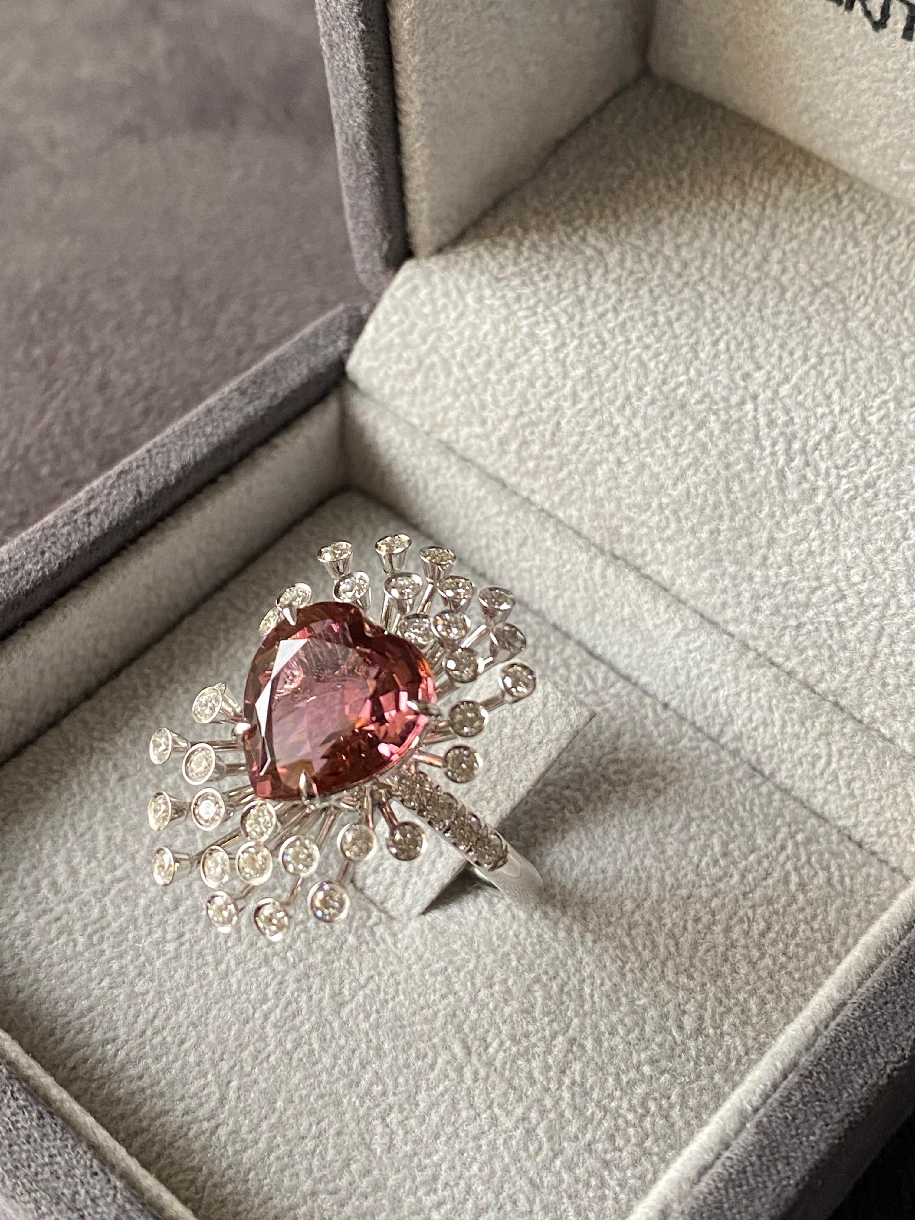 New Heart Cut Pink Tourmaline Diamonds 18k White Gold Made in Italy Spray Ring For Sale 6