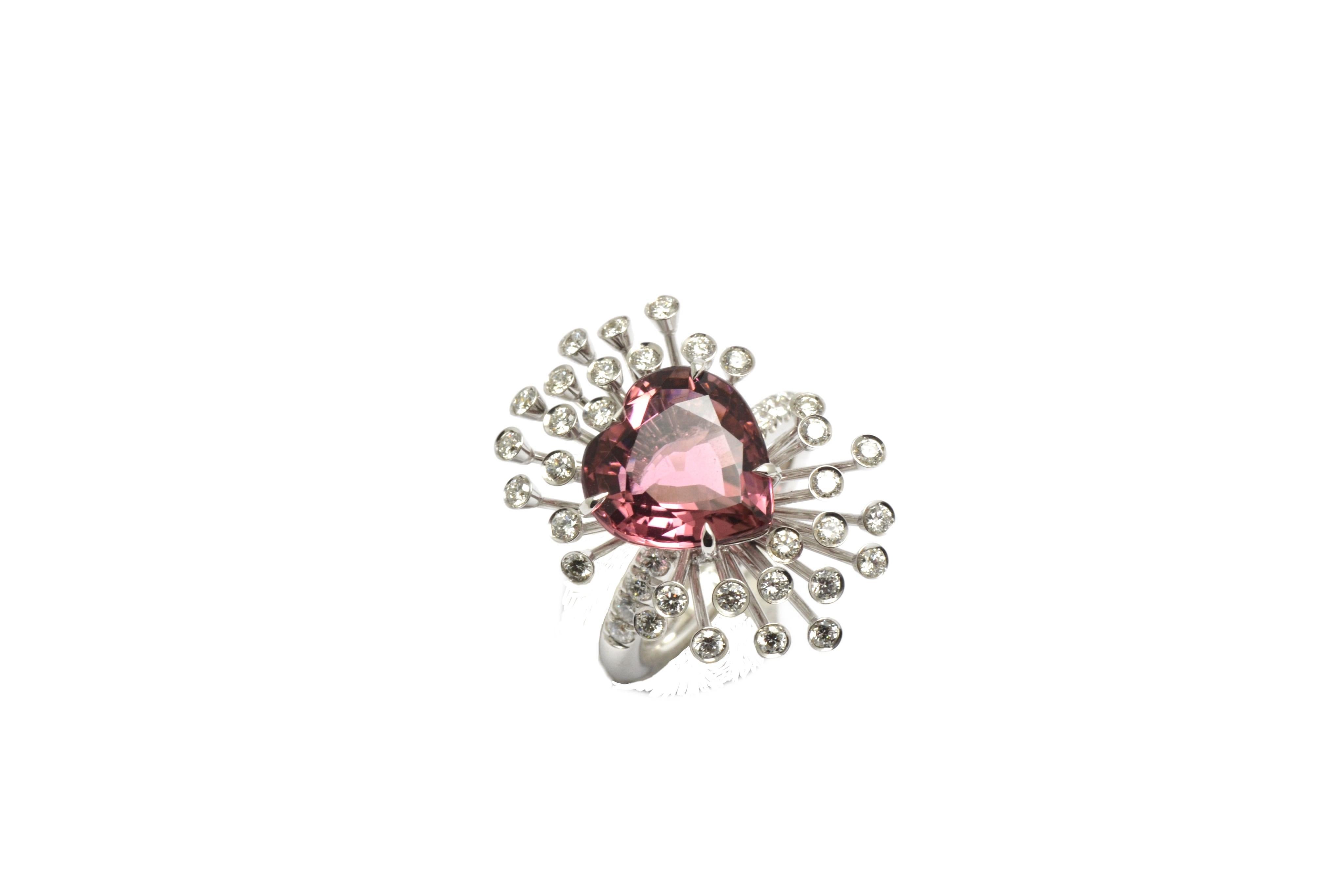 Contemporary New Heart Cut Pink Tourmaline Diamonds 18k White Gold Made in Italy Spray Ring For Sale