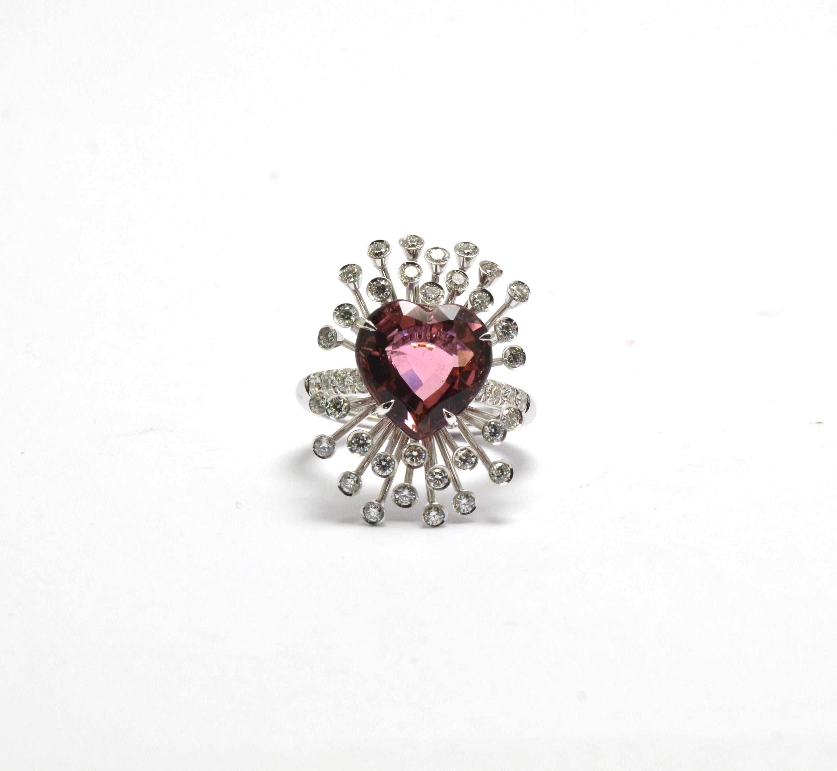 Women's New Heart Cut Pink Tourmaline Diamonds 18k White Gold Made in Italy Spray Ring For Sale