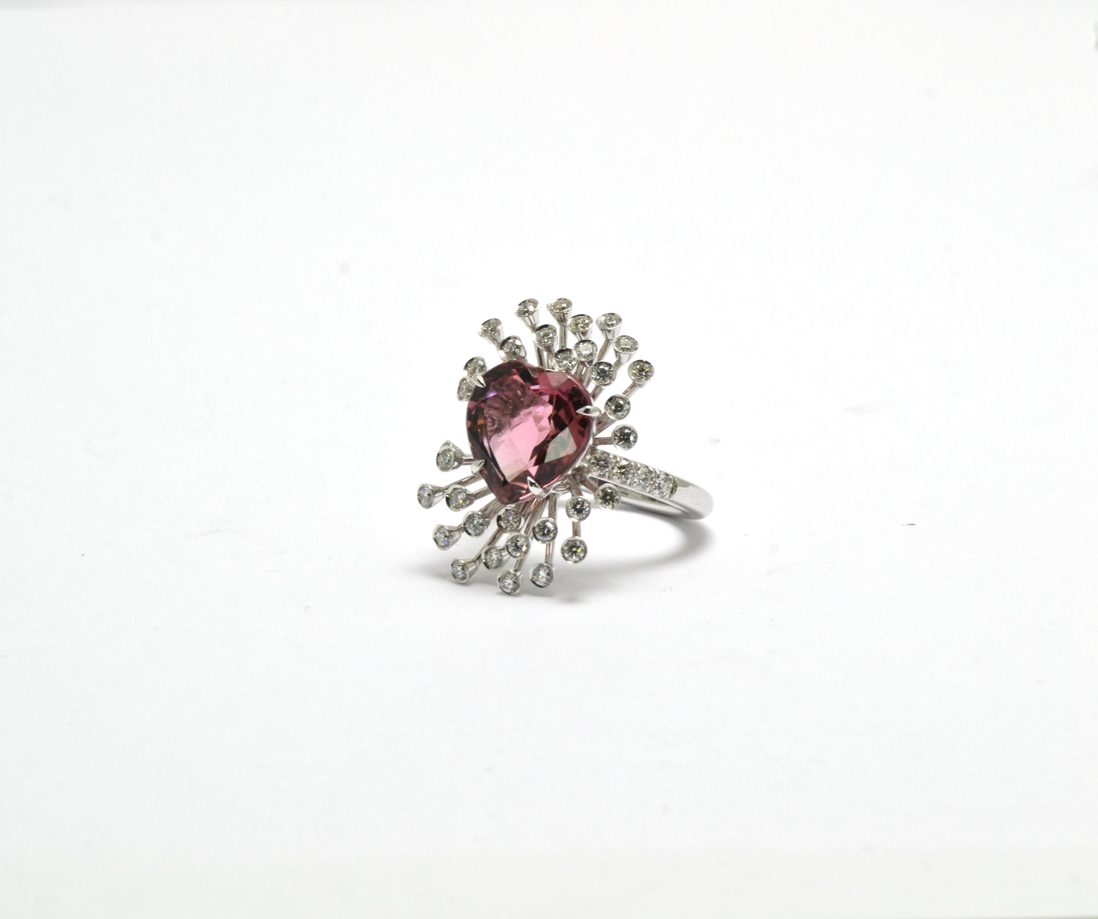 New Heart Cut Pink Tourmaline Diamonds 18k White Gold Made in Italy Spray Ring For Sale 1