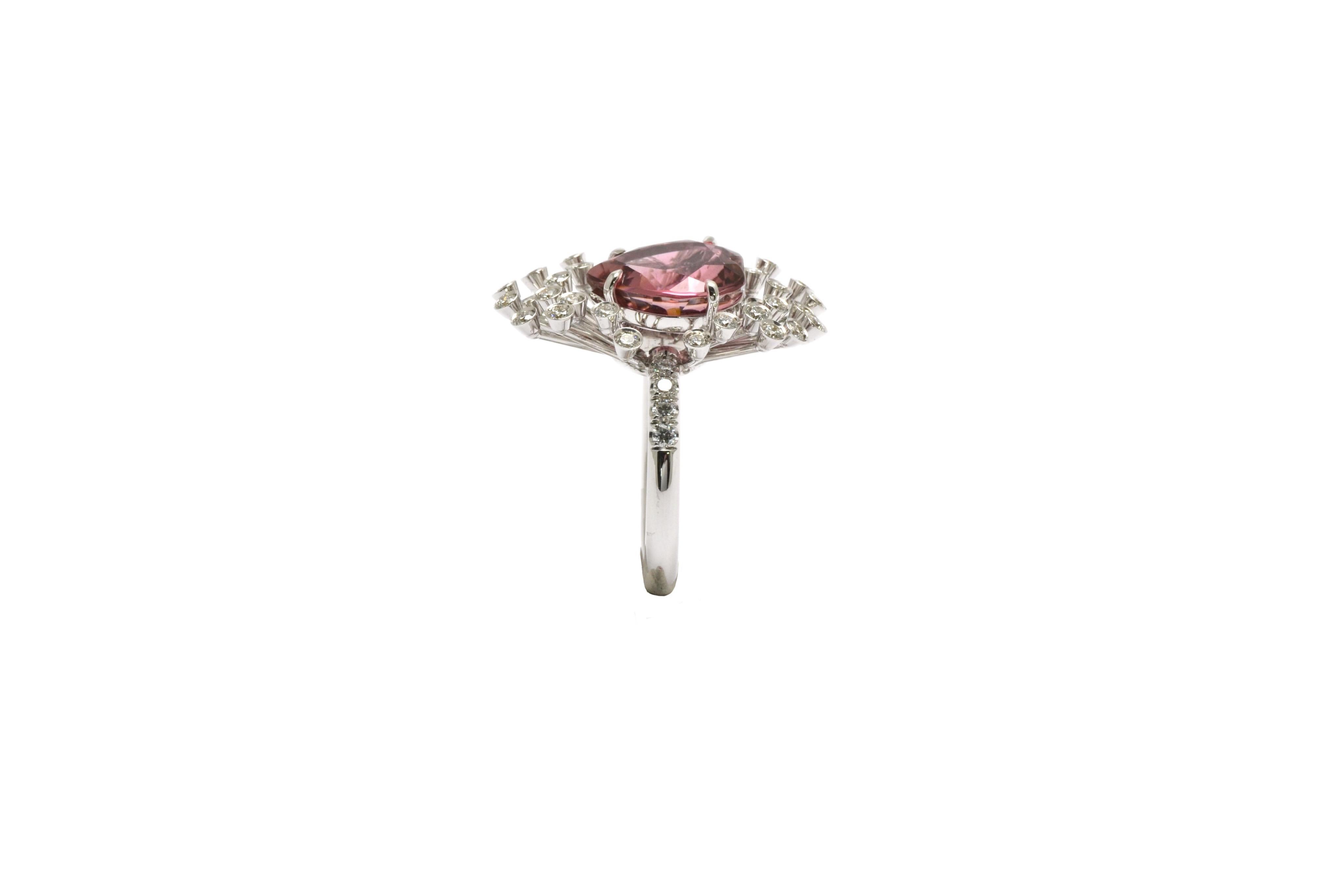 New Heart Cut Pink Tourmaline Diamonds 18k White Gold Made in Italy Spray Ring For Sale 3