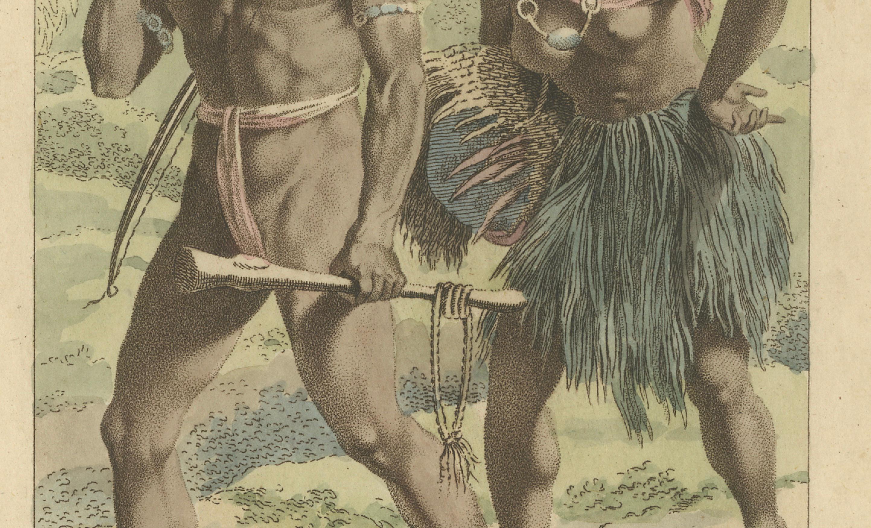 Eingeborenenfamilie der Neuen Hebriden (Vanuatu) - Antiker handkolorierter Kupferstich, 1803 (Niederländisch) im Angebot