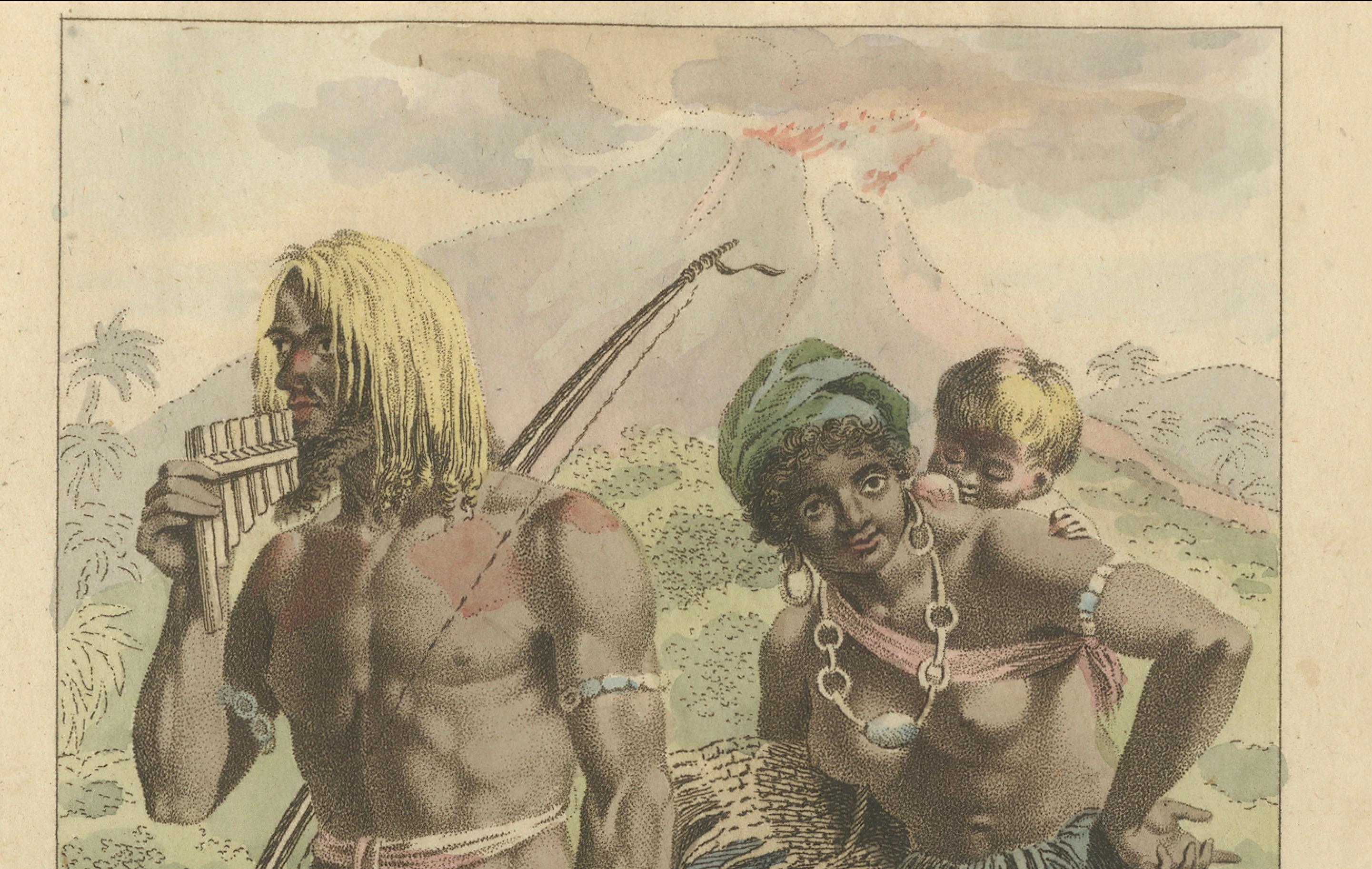 Eingeborenenfamilie der Neuen Hebriden (Vanuatu) - Antiker handkolorierter Kupferstich, 1803 (Graviert) im Angebot