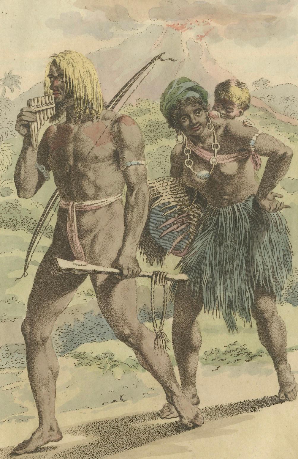 Eingeborenenfamilie der Neuen Hebriden (Vanuatu) - Antiker handkolorierter Kupferstich, 1803 im Zustand „Gut“ im Angebot in Langweer, NL