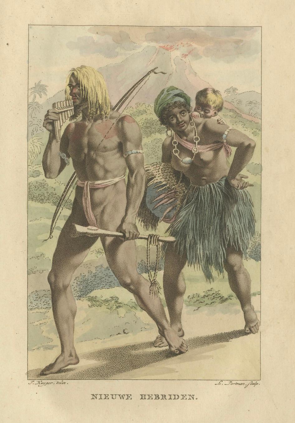 Eingeborenenfamilie der Neuen Hebriden (Vanuatu) - Antiker handkolorierter Kupferstich, 1803 (19. Jahrhundert) im Angebot