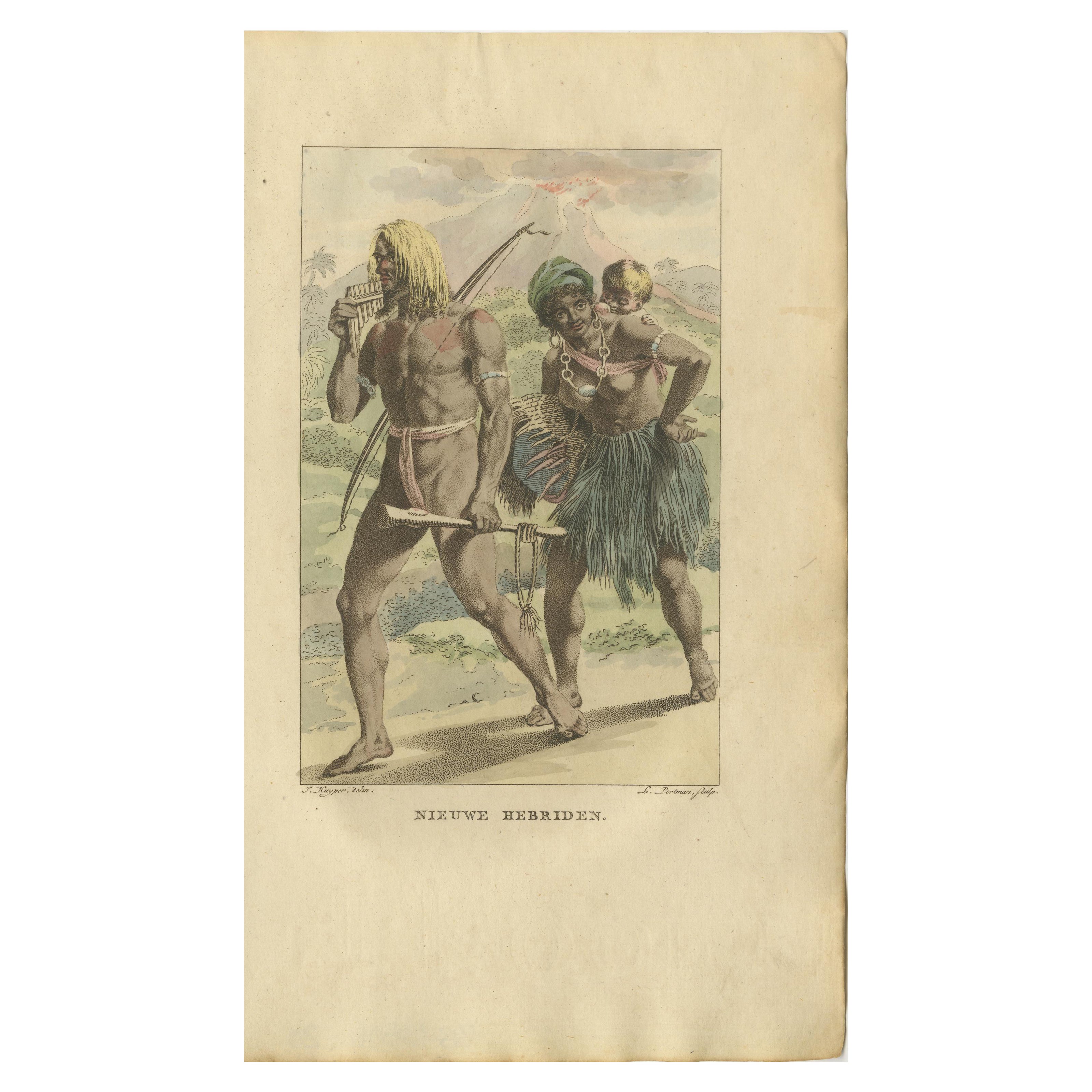 Eingeborenenfamilie der Neuen Hebriden (Vanuatu) - Antiker handkolorierter Kupferstich, 1803