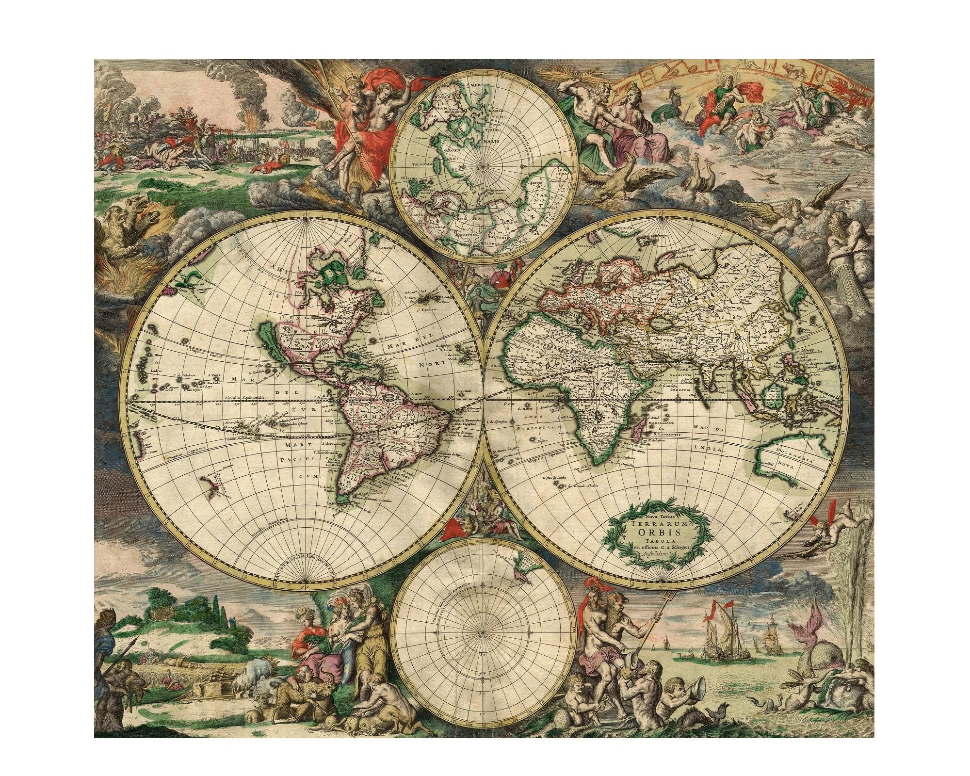 Rococo New Hemispherical Map of the World, After Baroque Engraving For Sale