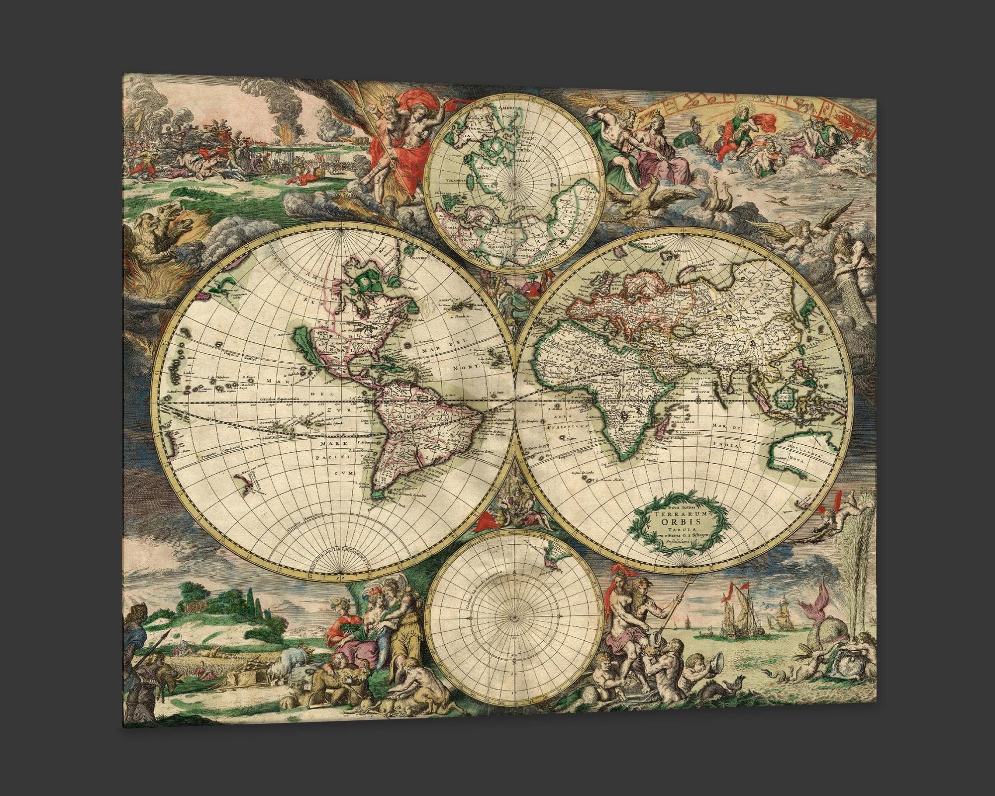 Dutch New Hemispherical Map of the World, After Baroque Engraving For Sale