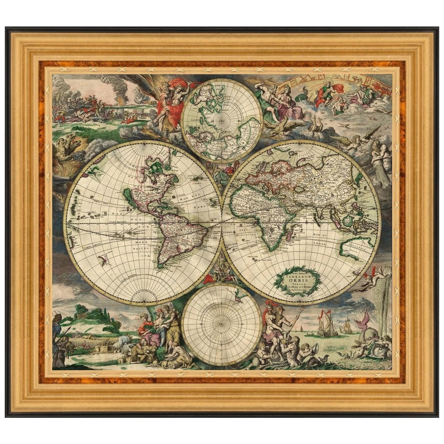 New Hemispherical Map of the World, After Baroque Engraving For Sale