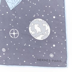new HERMES 100% silk Odyssey pocket square 45 blue space craft print scarf