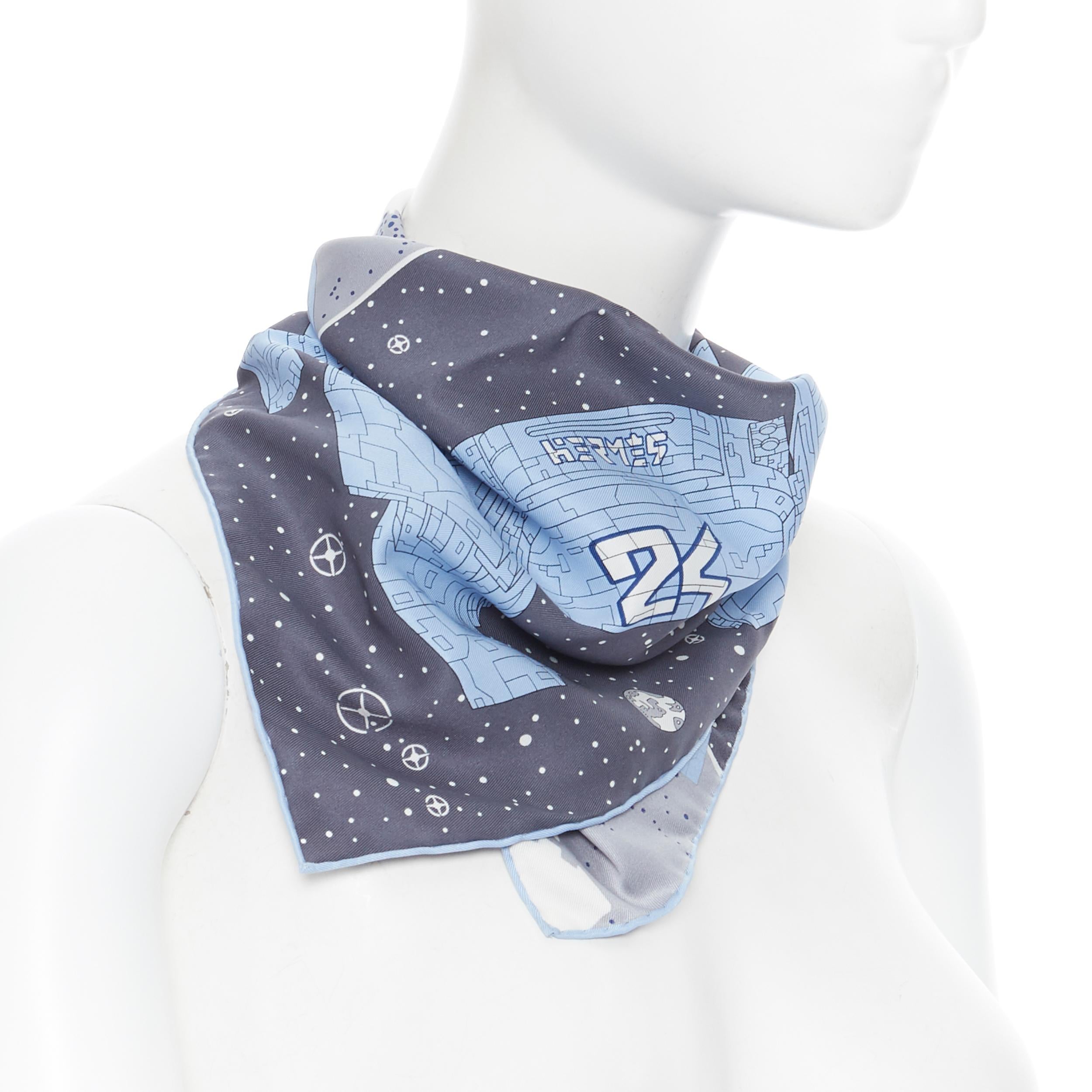Gray new HERMES 100% silk Odyssey pocket square 45 blue space craft print scarf