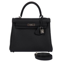 New Hermès 25cm Black Togo Palladium Kelly Bag in Box