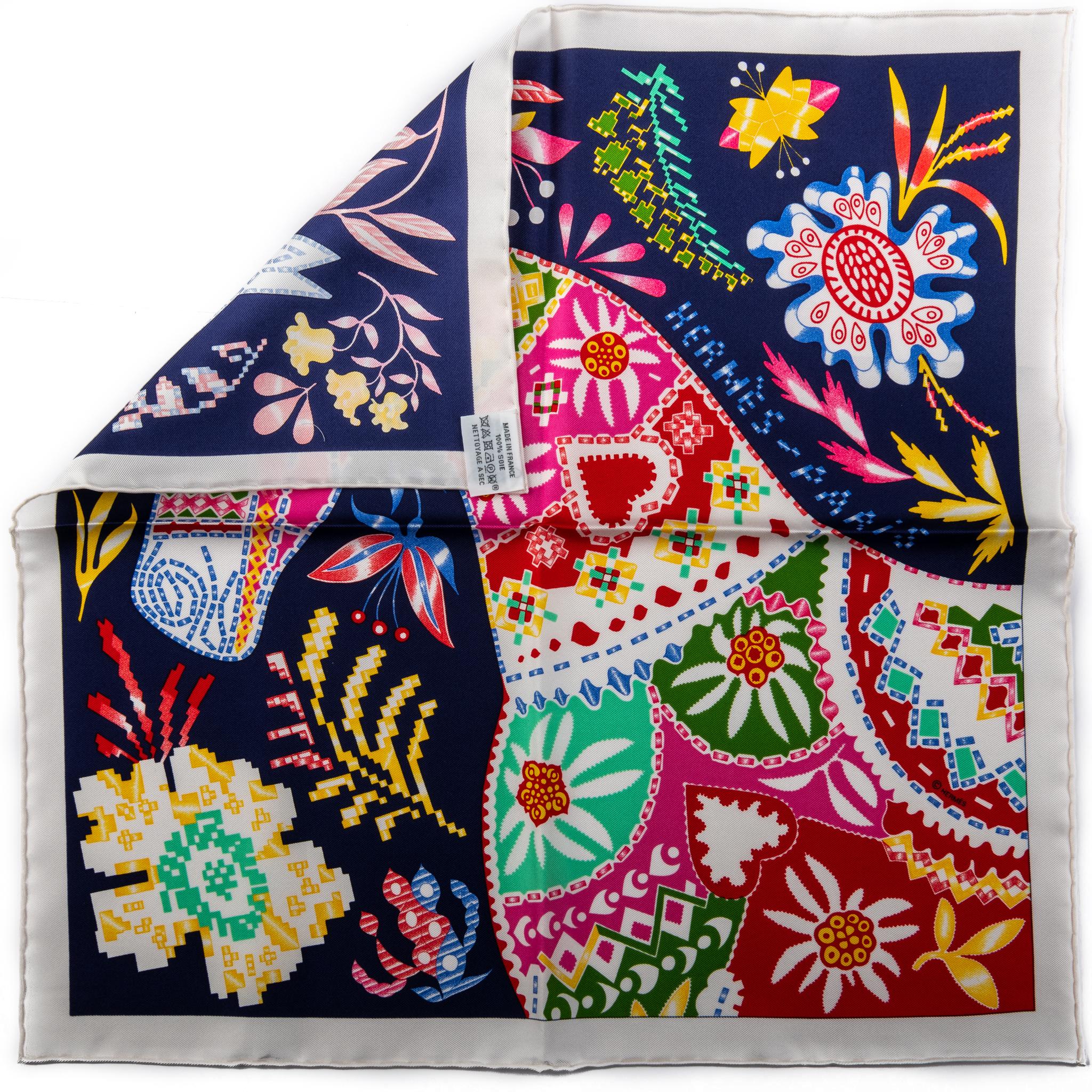 Hermès collectible multicolor bandana horse small silk gavroche scarf in blue. Hand-rolled edges. New in box.