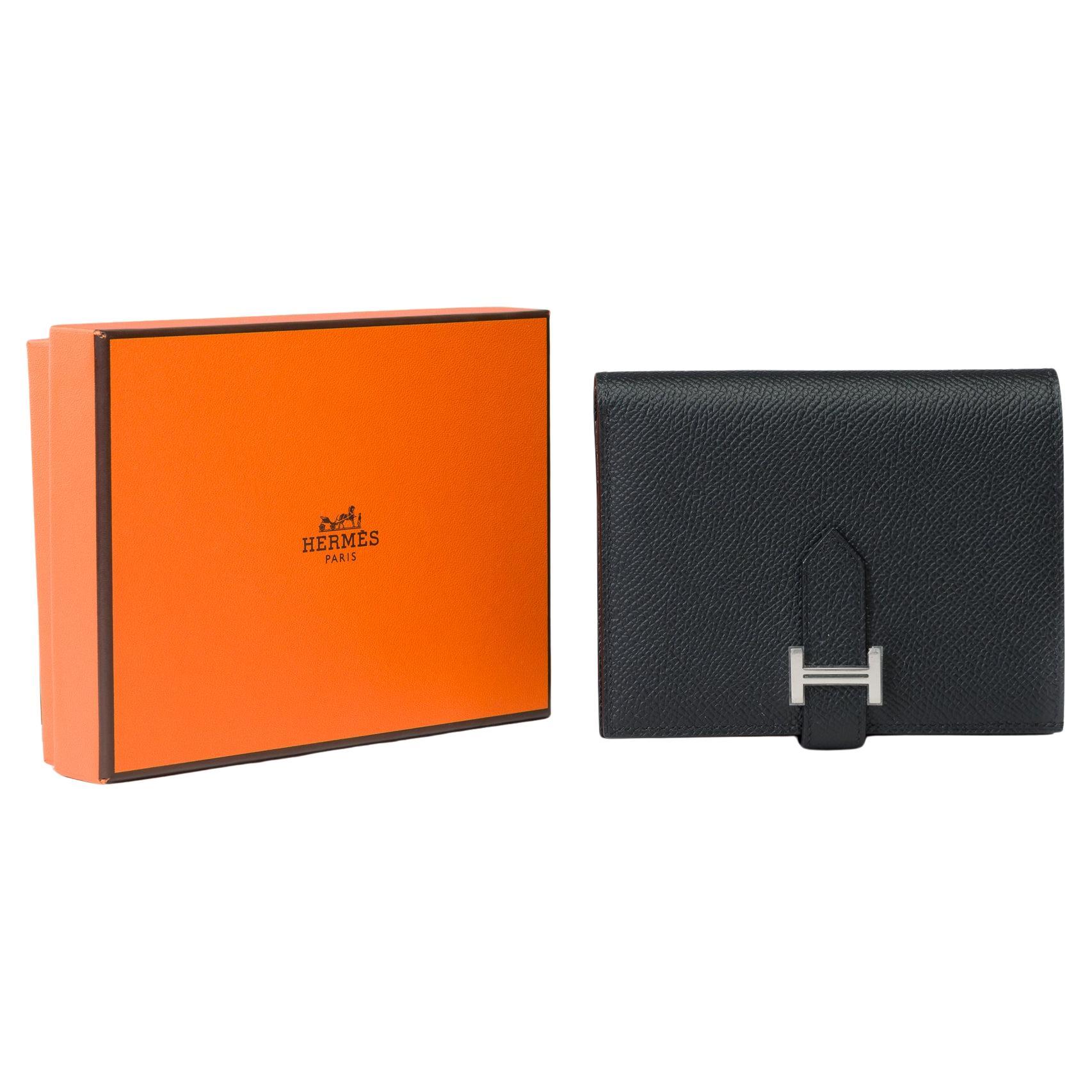 New Hermès Béarn Compact Wallet in black epsom calfskin, PHW For Sale