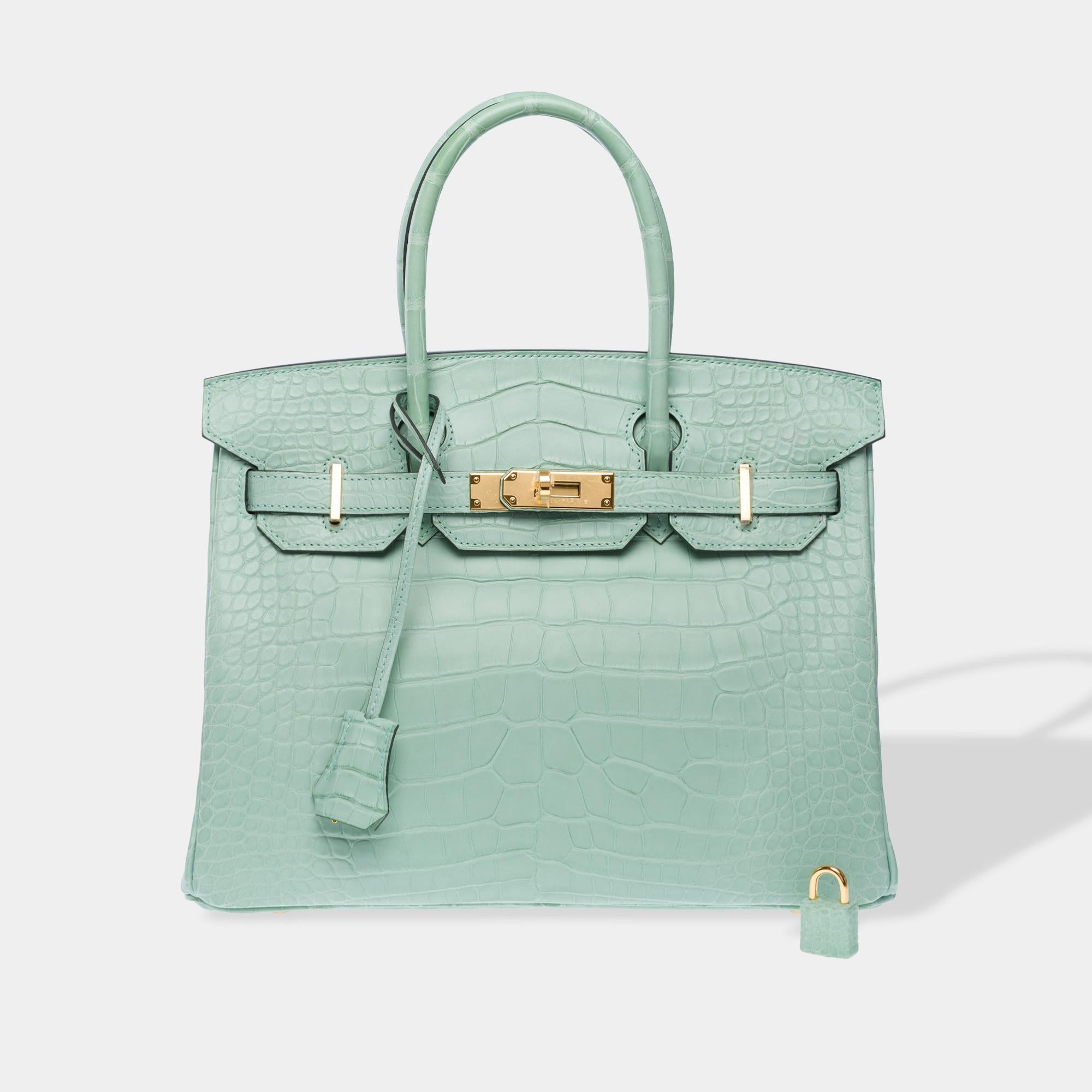 Exquis et extrêmement rare Sac à main Hermès Birkin 30 cm en cuir d'alligator Vert d'eau Mississippiensis mat, avec accessoires en métal doré, double anses en alligator vert pour le portage à la main.

Doublure intérieure en cuir vert, une poche
