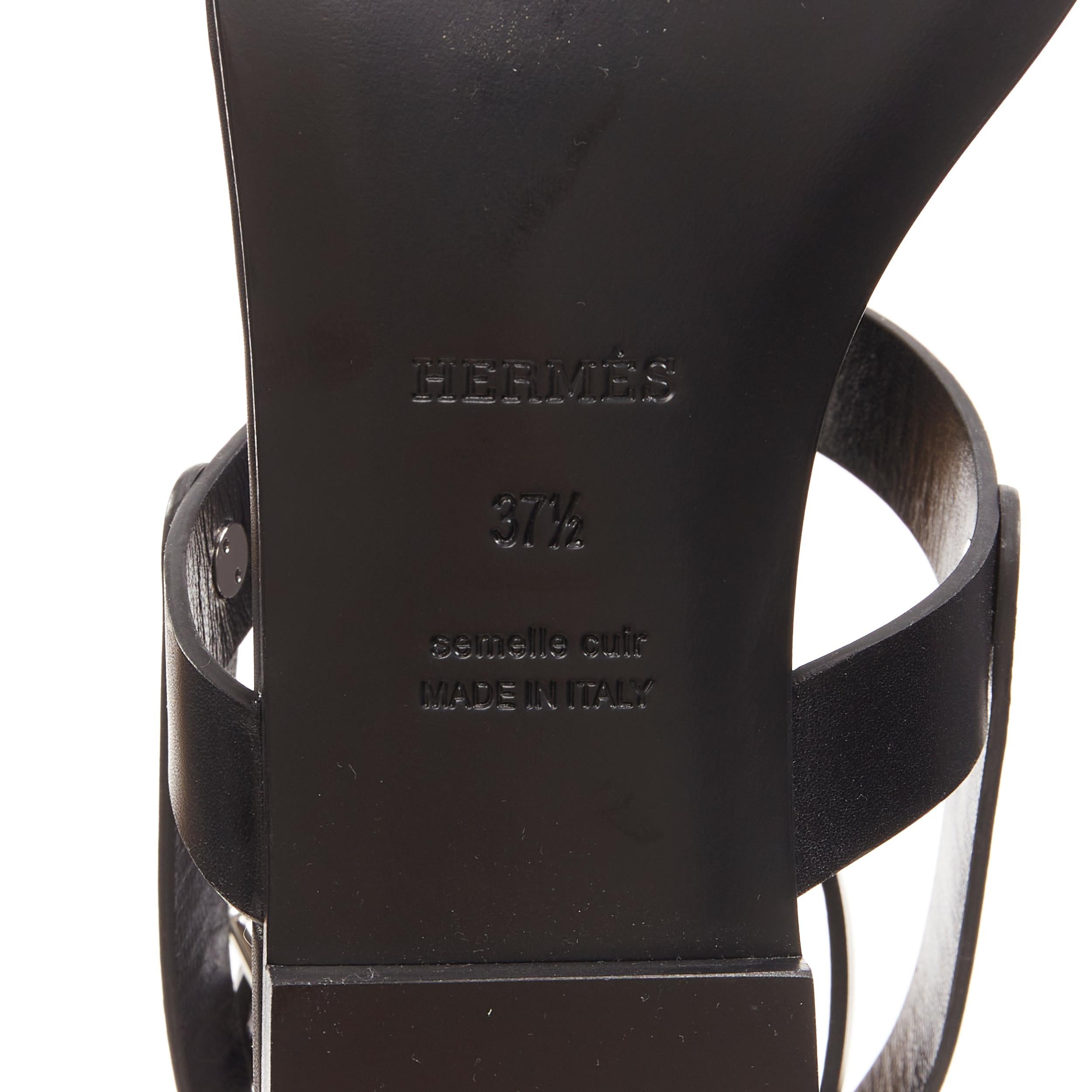 new HERMES black leather silver logo stud ankle strap thong sandals EU37.5 3