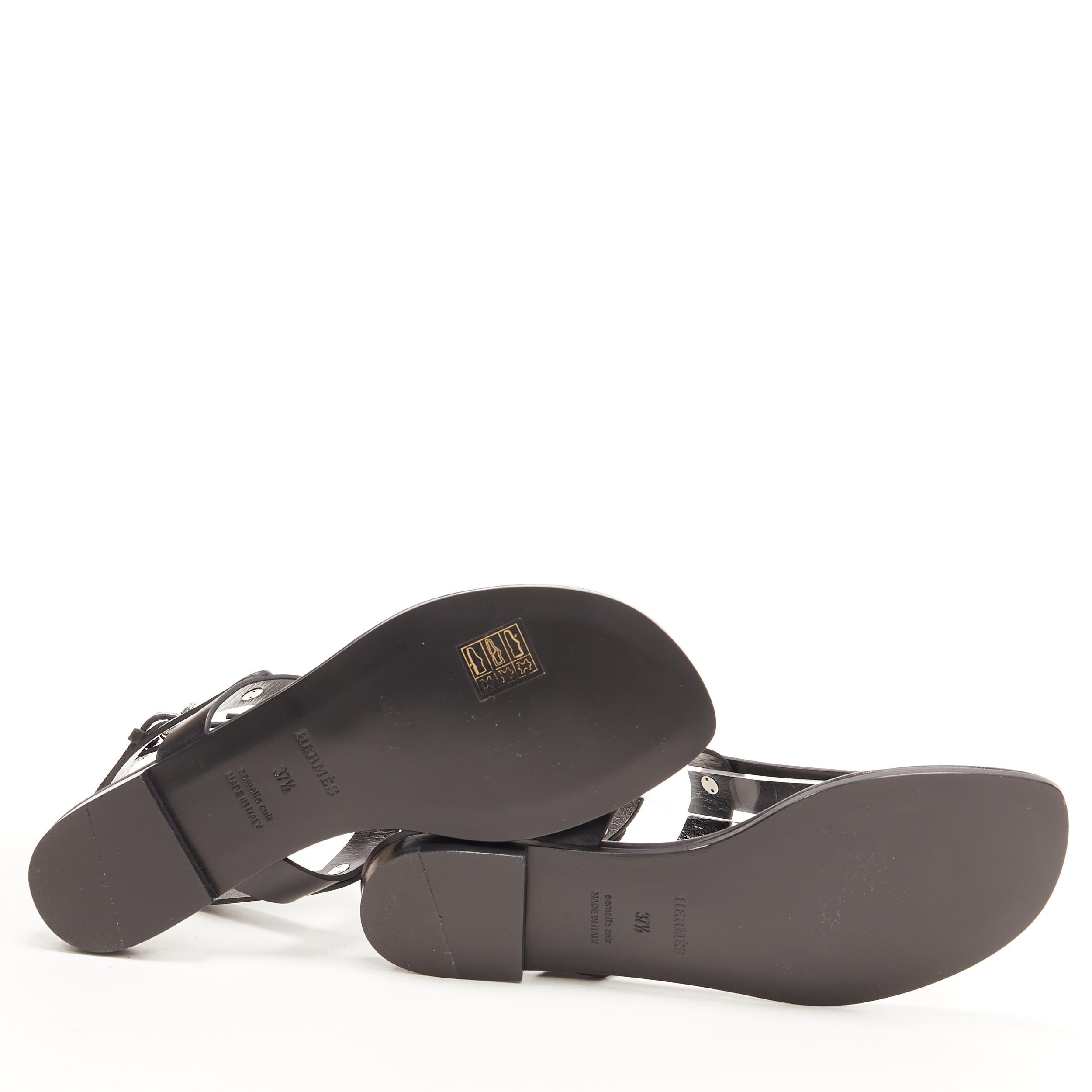 Black new HERMES black leather silver logo stud ankle strap thong sandals EU37.5