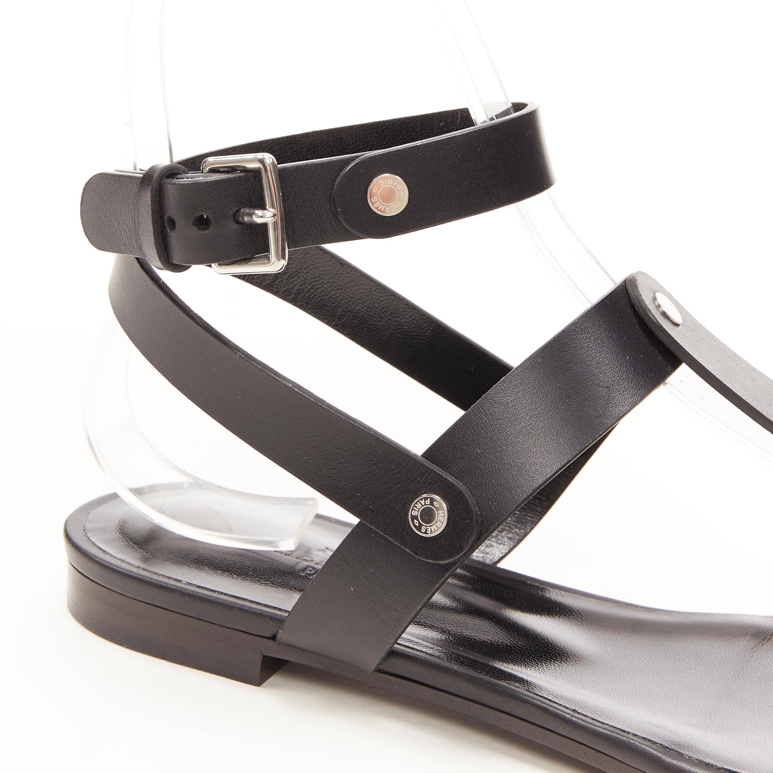 Women's new HERMES black leather silver logo stud ankle strap thong sandals EU37.5