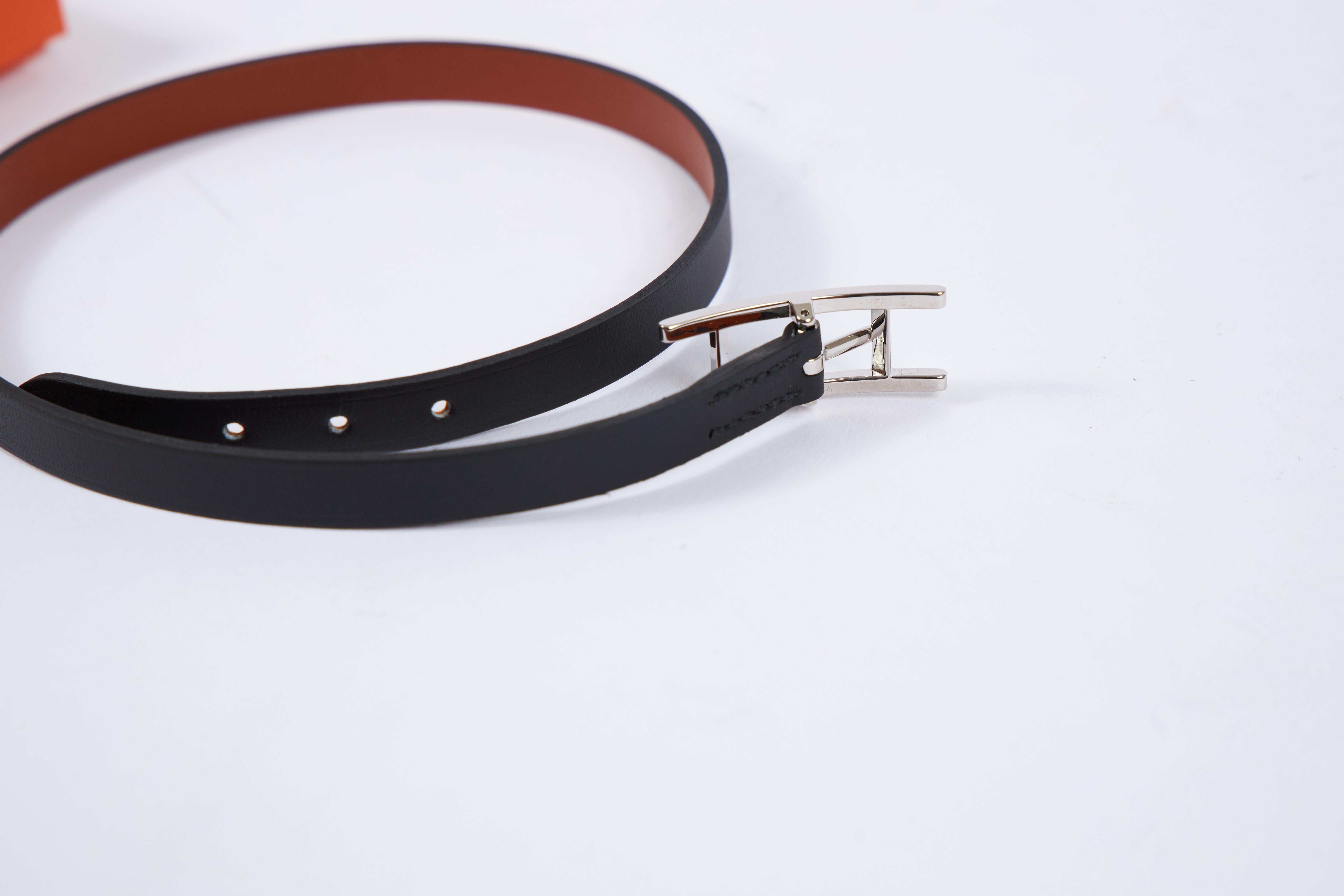 New Hermes Black Palladium Leather Wrap Bracelet with Box In New Condition In West Hollywood, CA