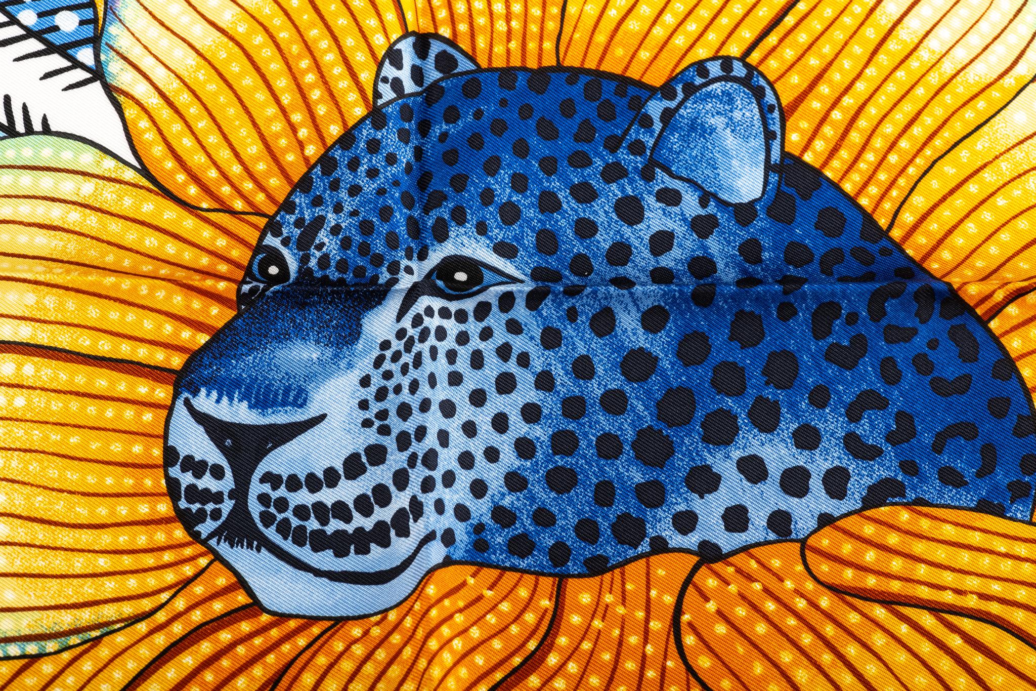 New Hermès Blue Jaguar Silk Gavroche Scarf 2