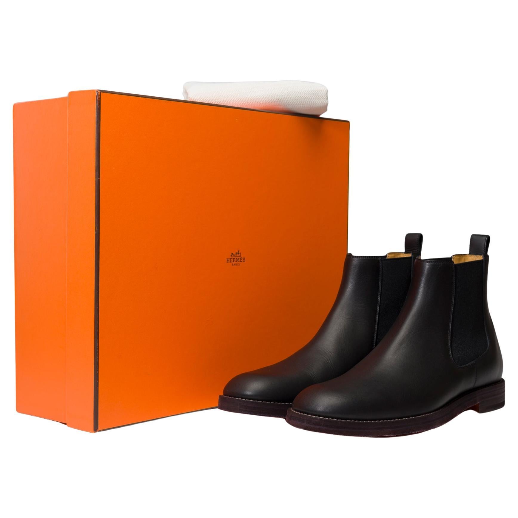 New - Hermès boots for men in black calf leather, Size 44 For Sale
