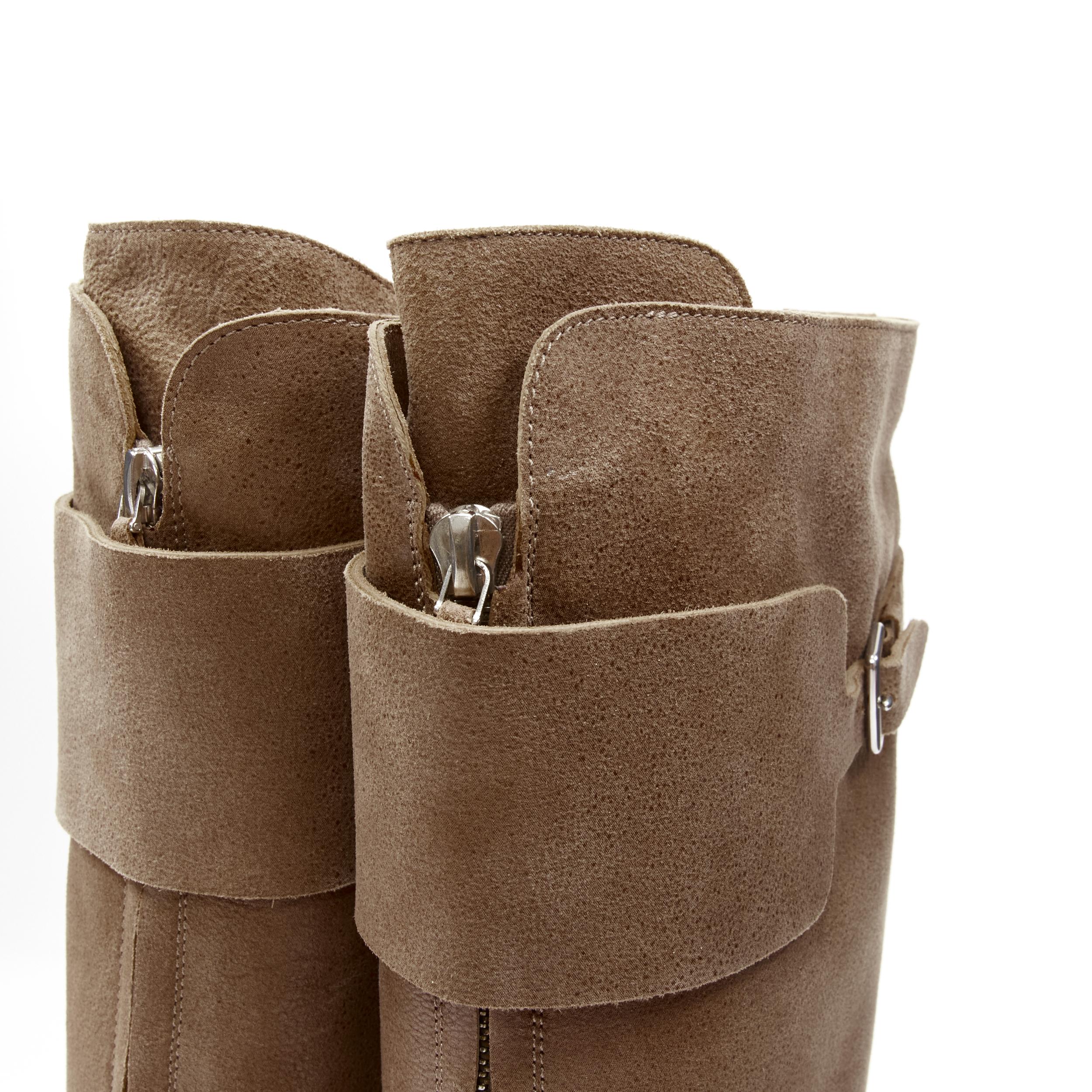 new HERMES brown suede zip front silver buckle flat riding boots EU38.5 o In New Condition In Hong Kong, NT