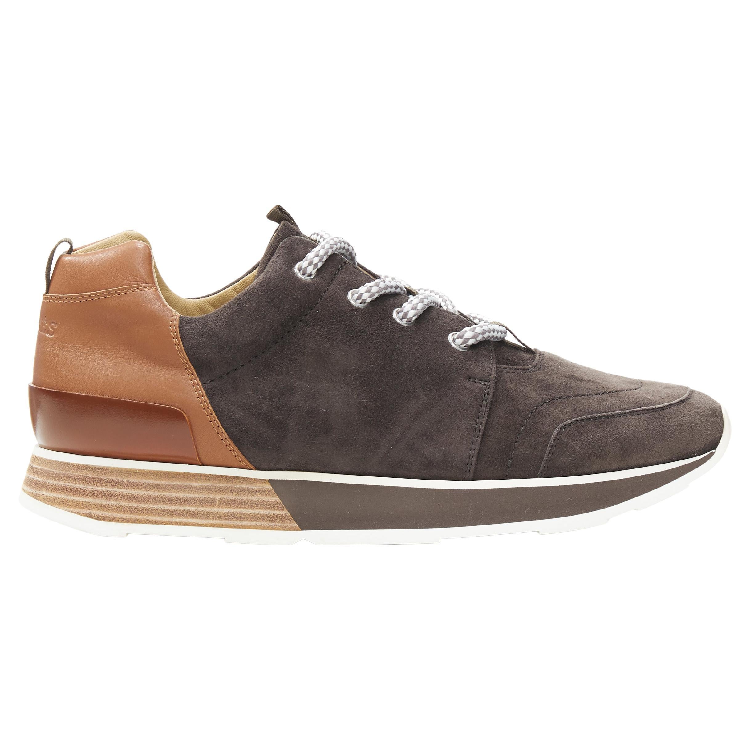 new HERMES Buster grey brown suede lace up wooden rubber sole low sneaker EU39.5