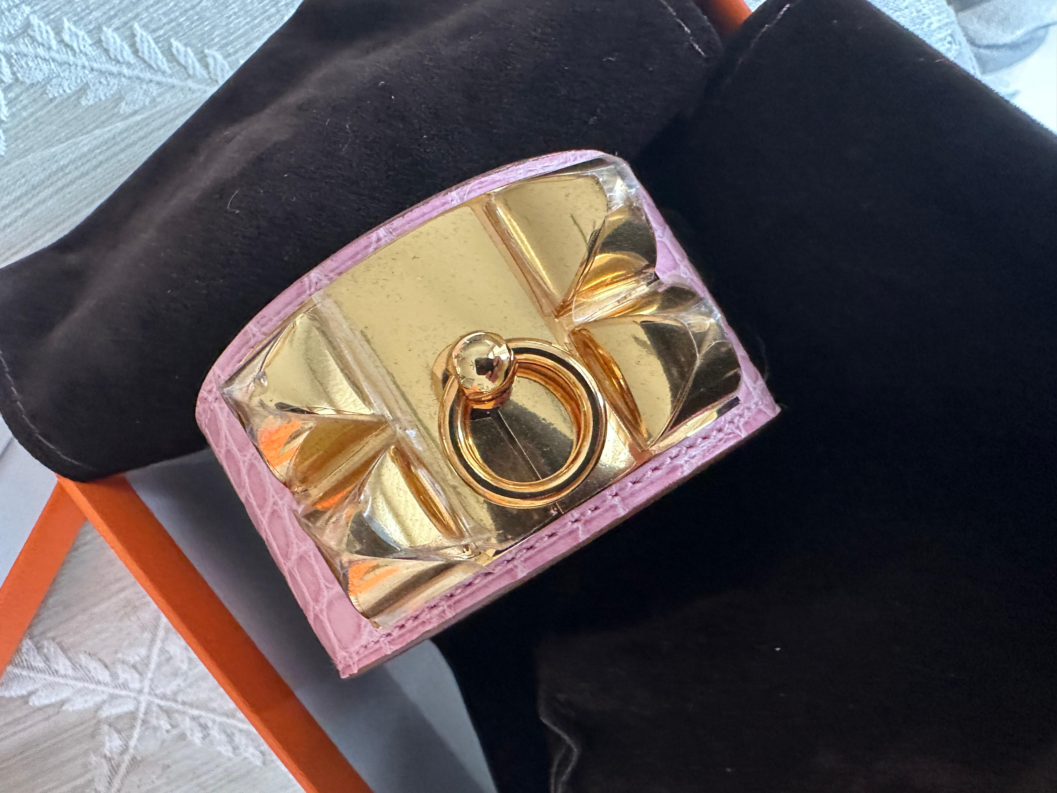 New Hermes CDC Collier de Chien 5p Pink Bubblegum Alligator Gold  Bracelet 2