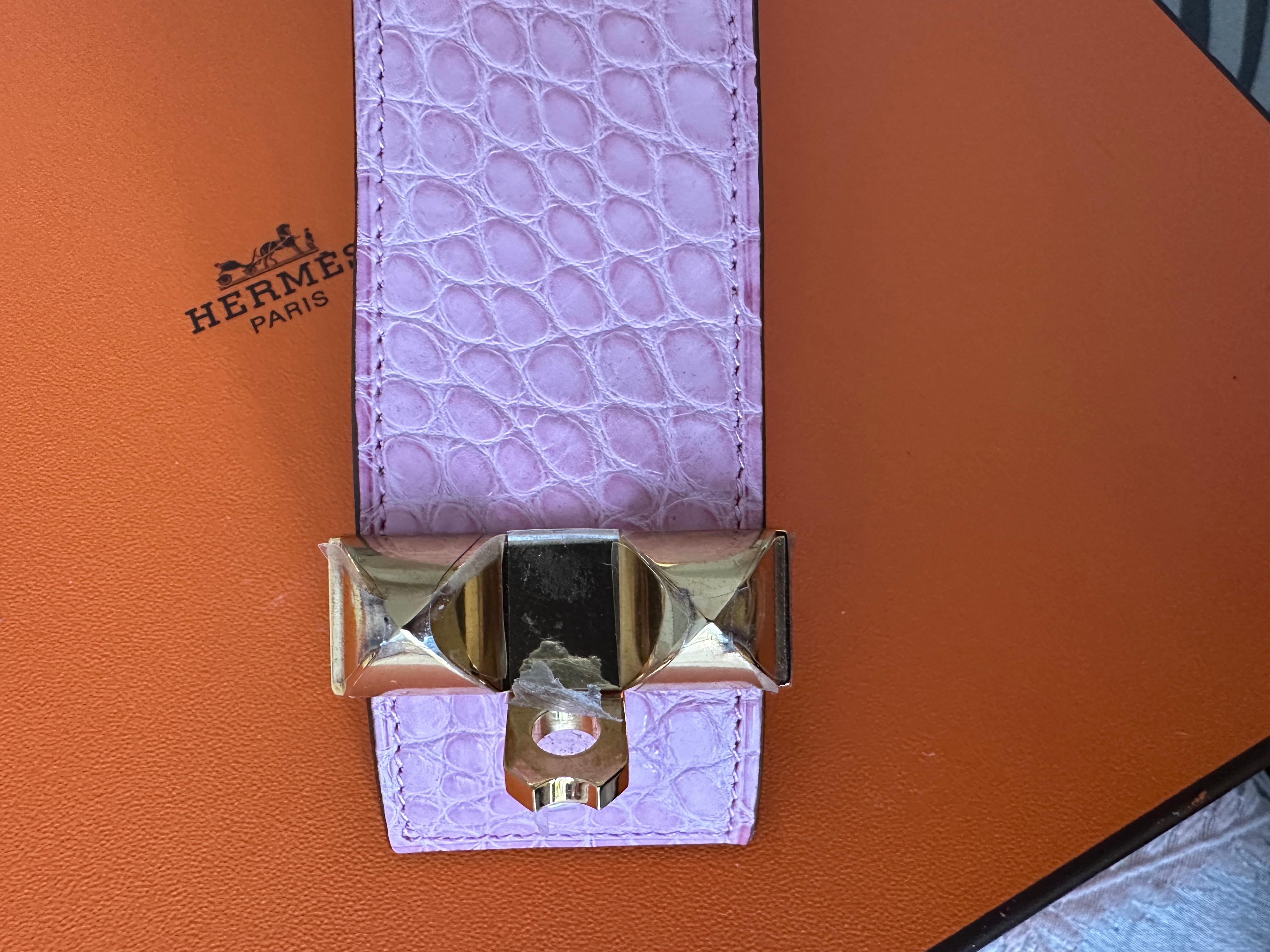 Neu Hermes CDC Collier de Chien 5p Rosa Bubblegum Alligator Gold  Armbänder 3