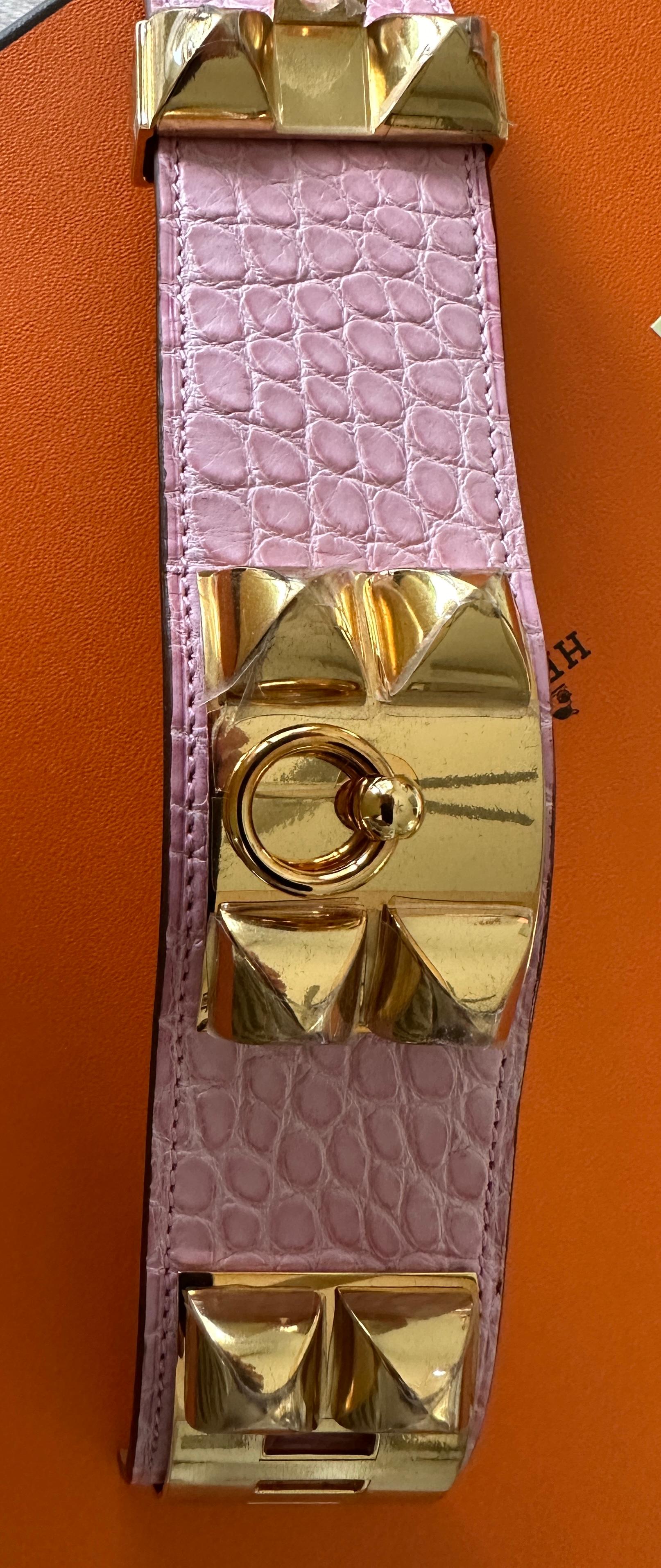 Neu Hermes CDC Collier de Chien 5p Rosa Bubblegum Alligator Gold  Armbänder 4