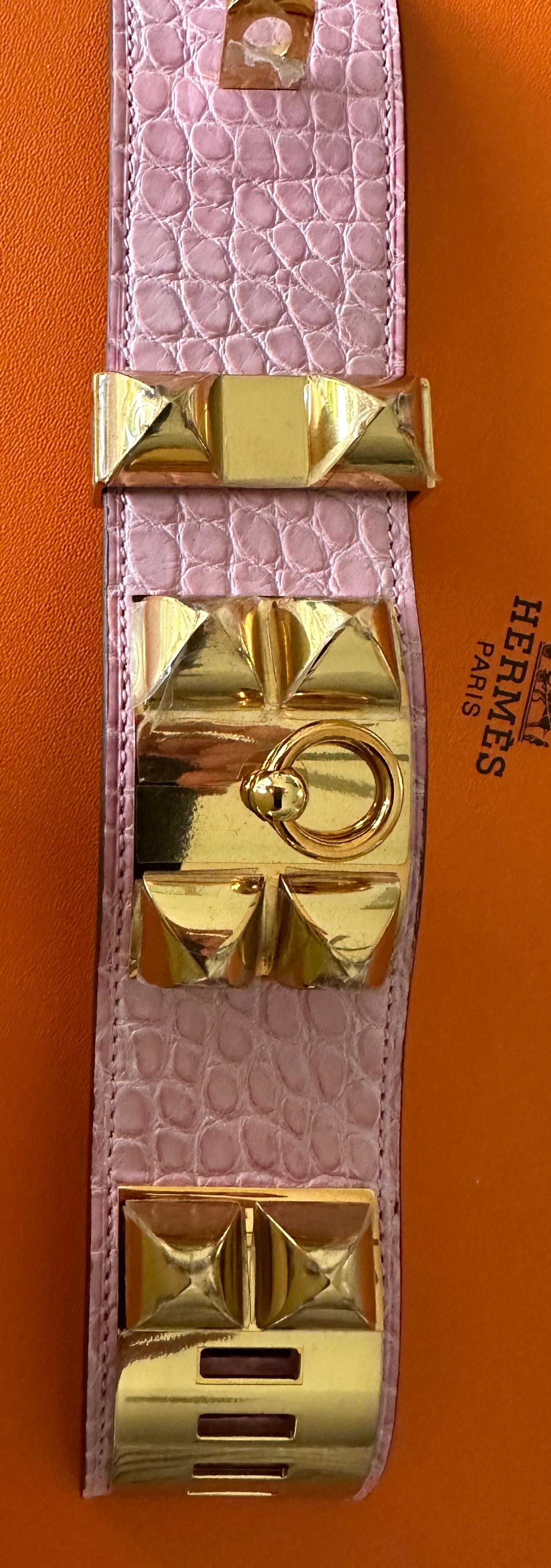 New Hermes CDC Collier de Chien 5p Pink Bubblegum Alligator Gold  Bracelet 5