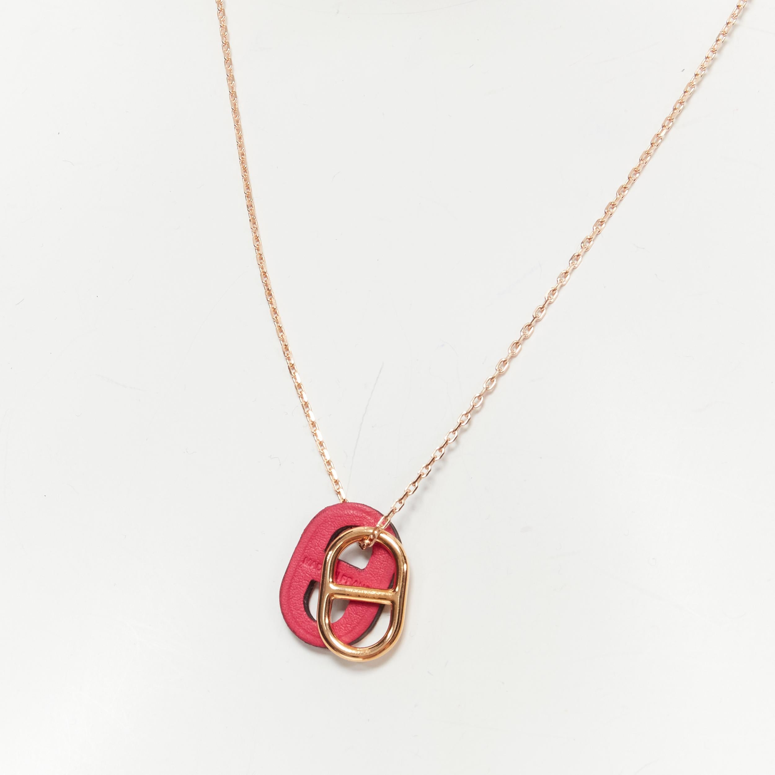 new HERMES Chain D'ancre rose gold plated pink leather pendant short necklace In New Condition For Sale In Hong Kong, NT