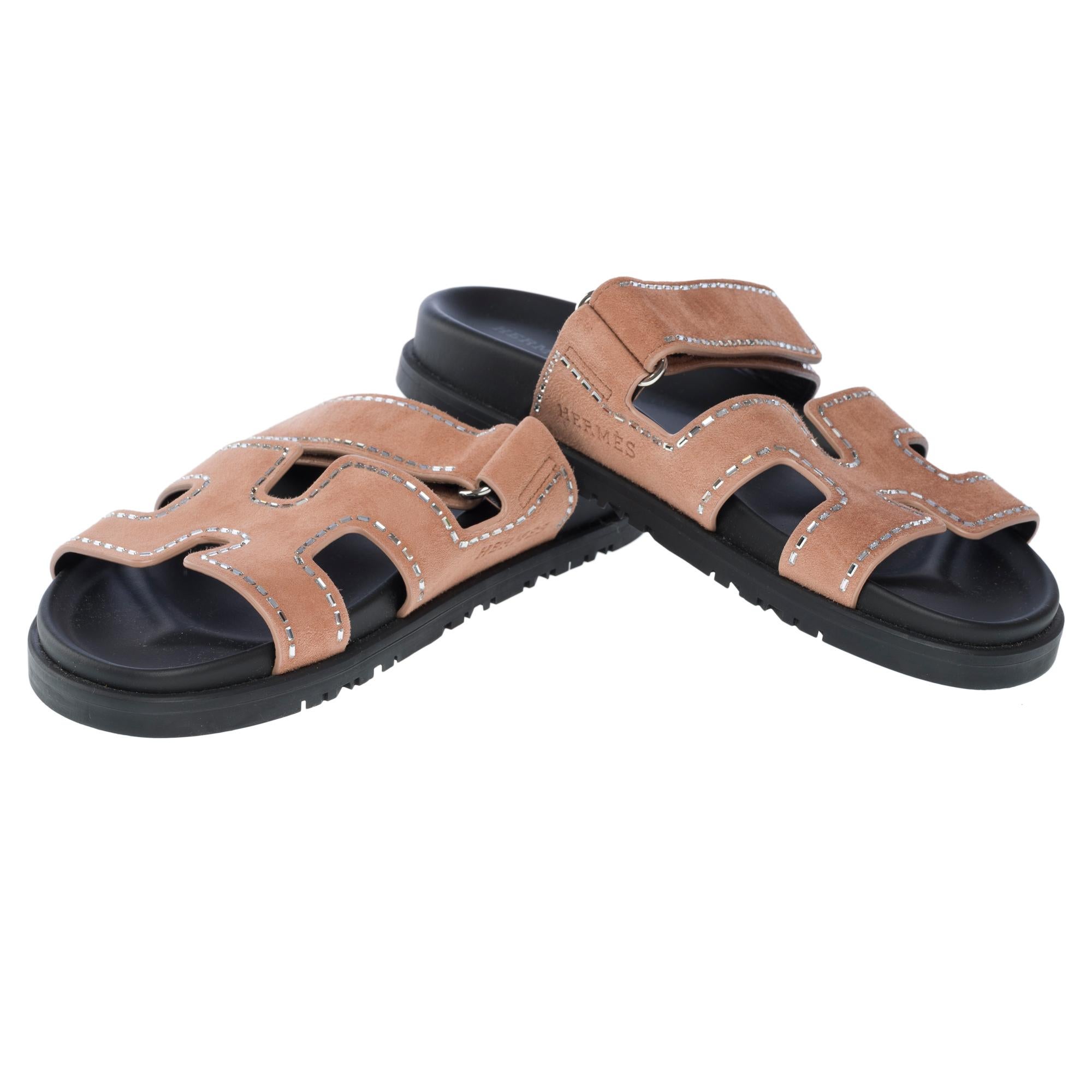 Orange New Hermès Chypre flat sandals in Rose Perle Goat skin velours , Size 5.5 For Sale