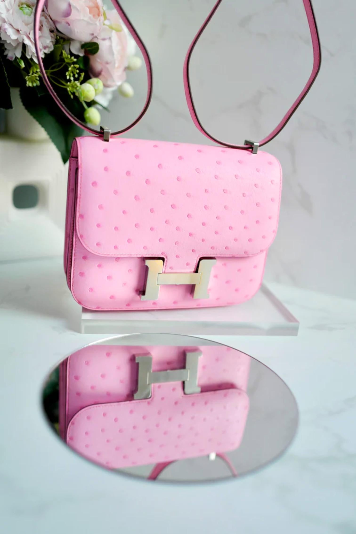 NEW Hermes Constance III Mini Mirror Ostrich Rose Bubblegum Pink W en vente 15