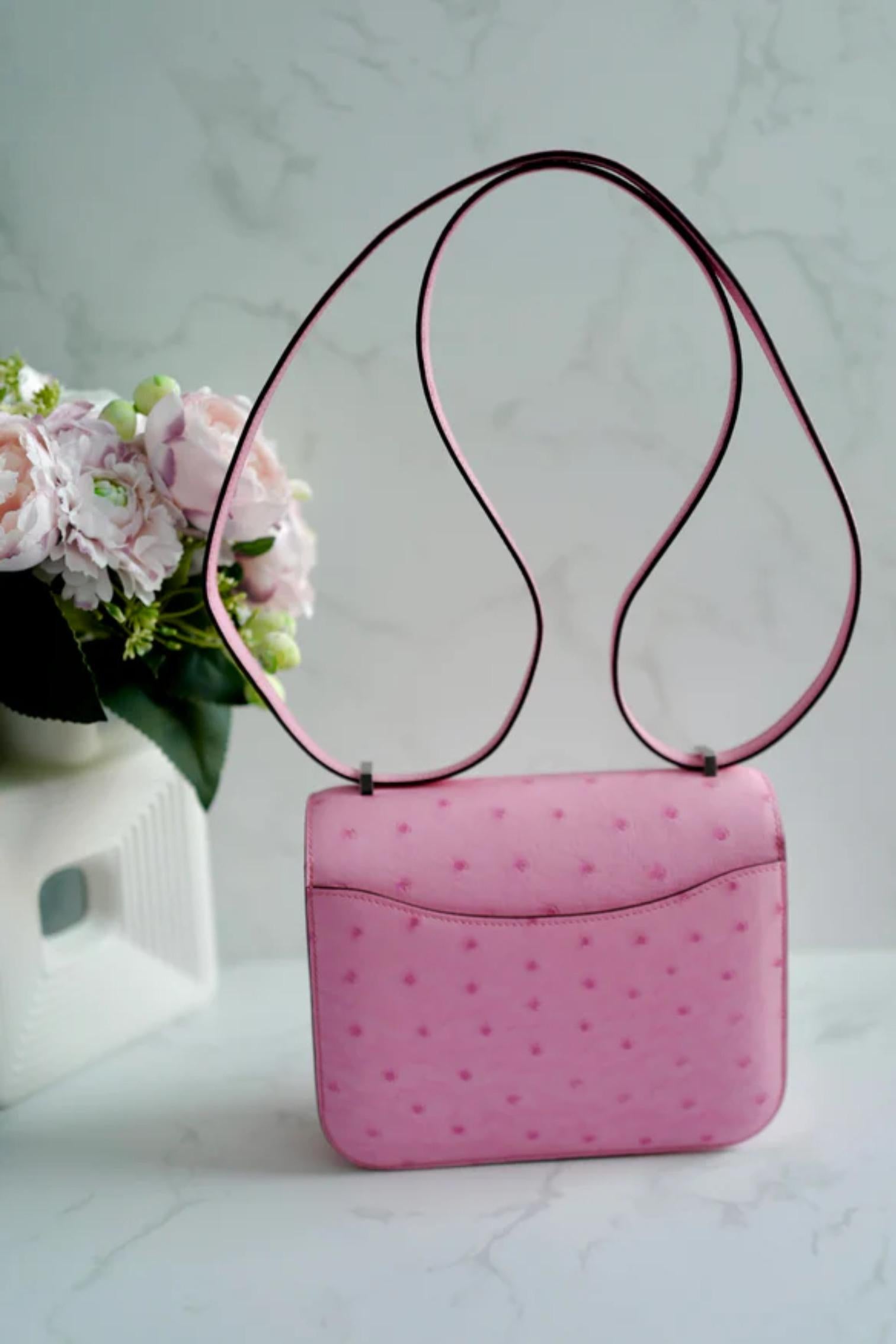 NEW Hermes Constance III Mini Mirror Ostrich Rose Bubblegum Pink W en vente 16