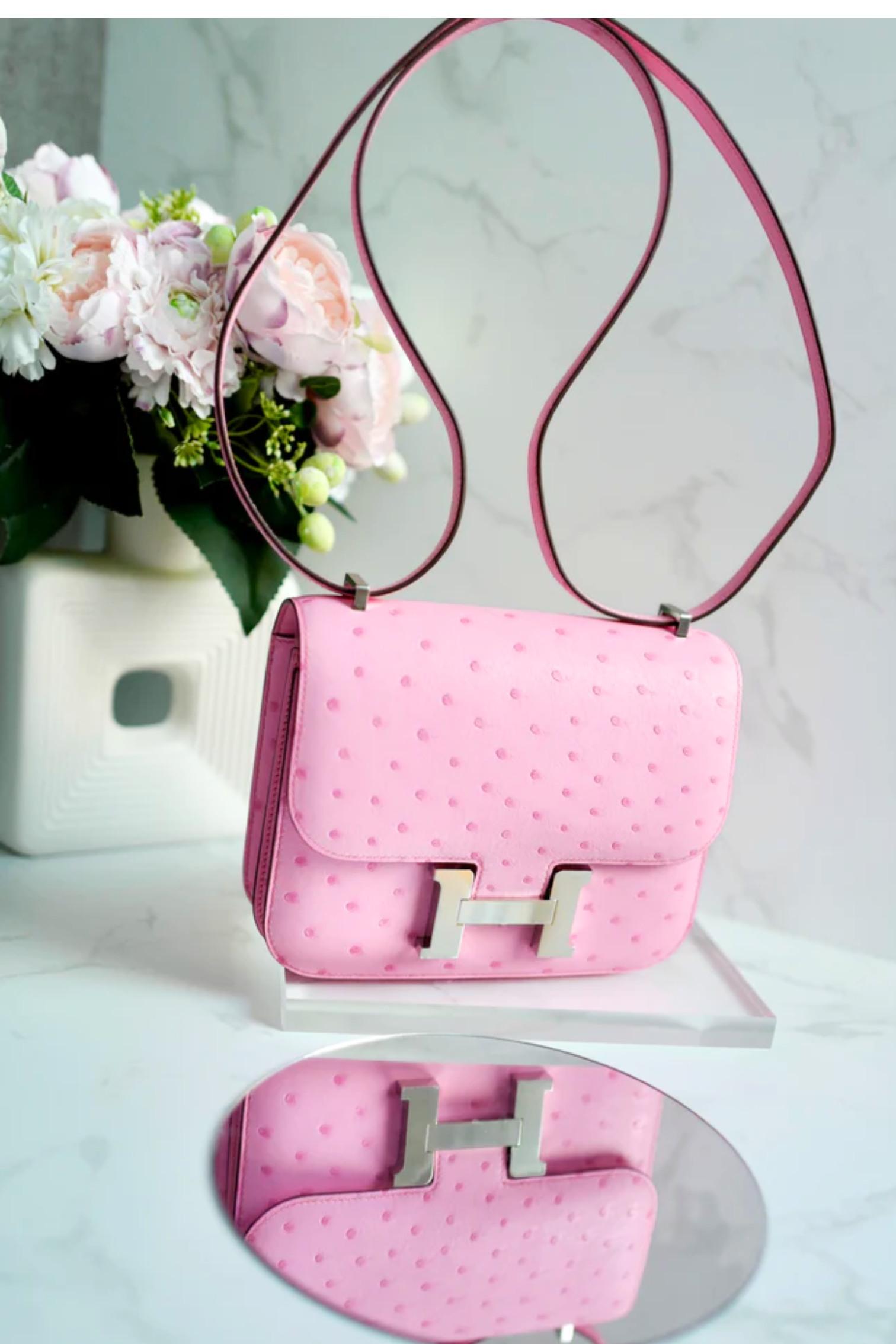 NEW Hermes Constance III Mini Mirror Ostrich Rose Bubblegum Pink W Pour femmes en vente