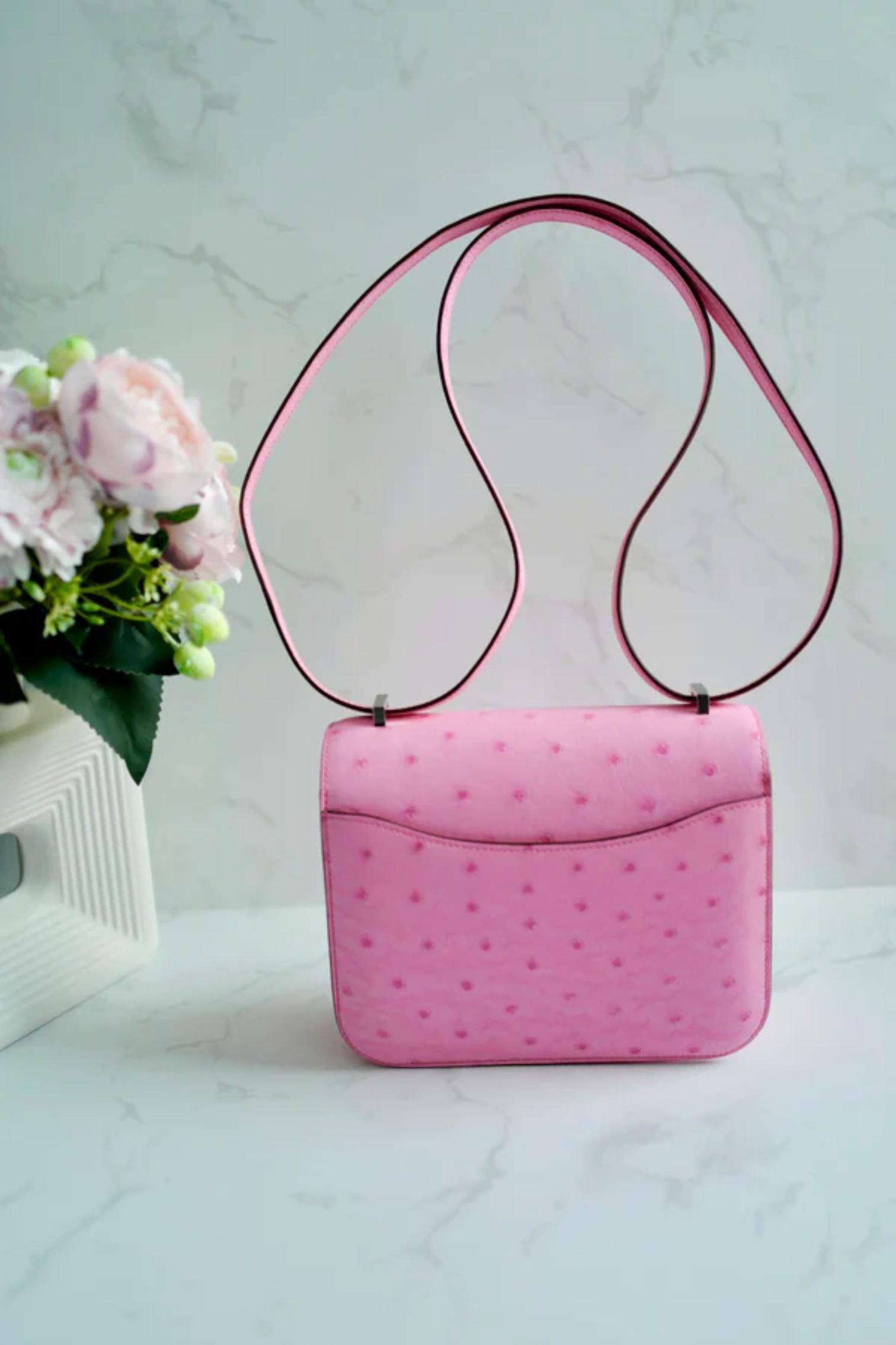 NEW Hermes Constance III Mini Mirror Ostrich Rose Bubblegum Pink W en vente 1